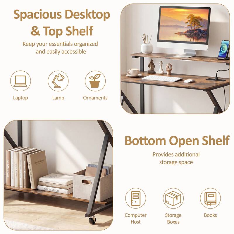 Spacious Desktop & Top Shelf  
Keep your essentials organized and easily accessible  
Laptop Lamp Ornaments  

Bottom Open Shelf  
Provides additional storage space  
Computer Host Storage Boxes Books