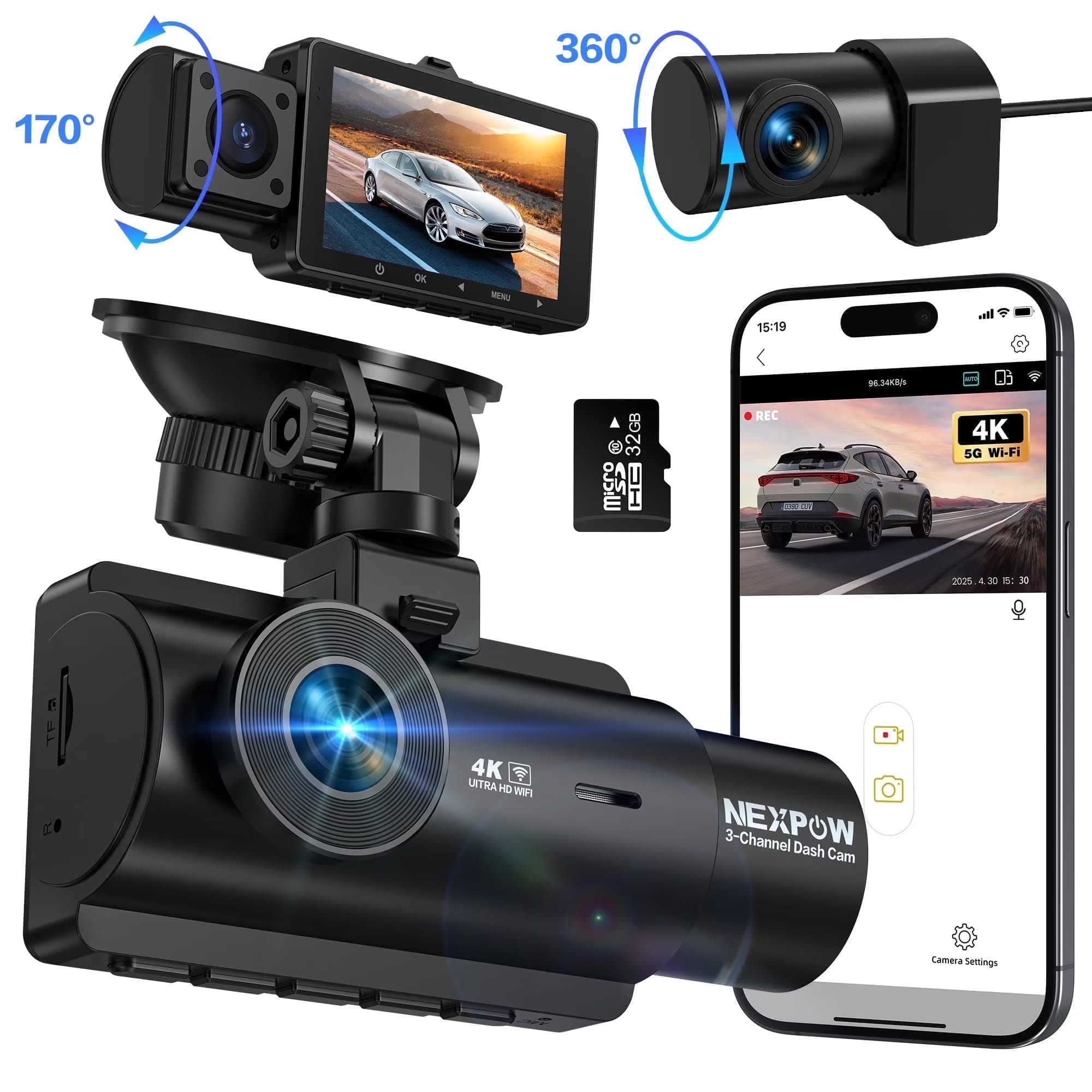 NEXPOW - 3 Channel 4K WiFi Dash Cam,Front Rear Cabin 4K+1080P+1080P,170°Wide Angle WDR Night Vision,Build-in Wifi with App