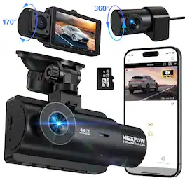 NEXPOW - 3 Channel 4K WiFi Dash Cam,Front Rear Cabin 4K+1080P+1080P,170°Wide Angle WDR Night Vision,Build-in Wifi with App