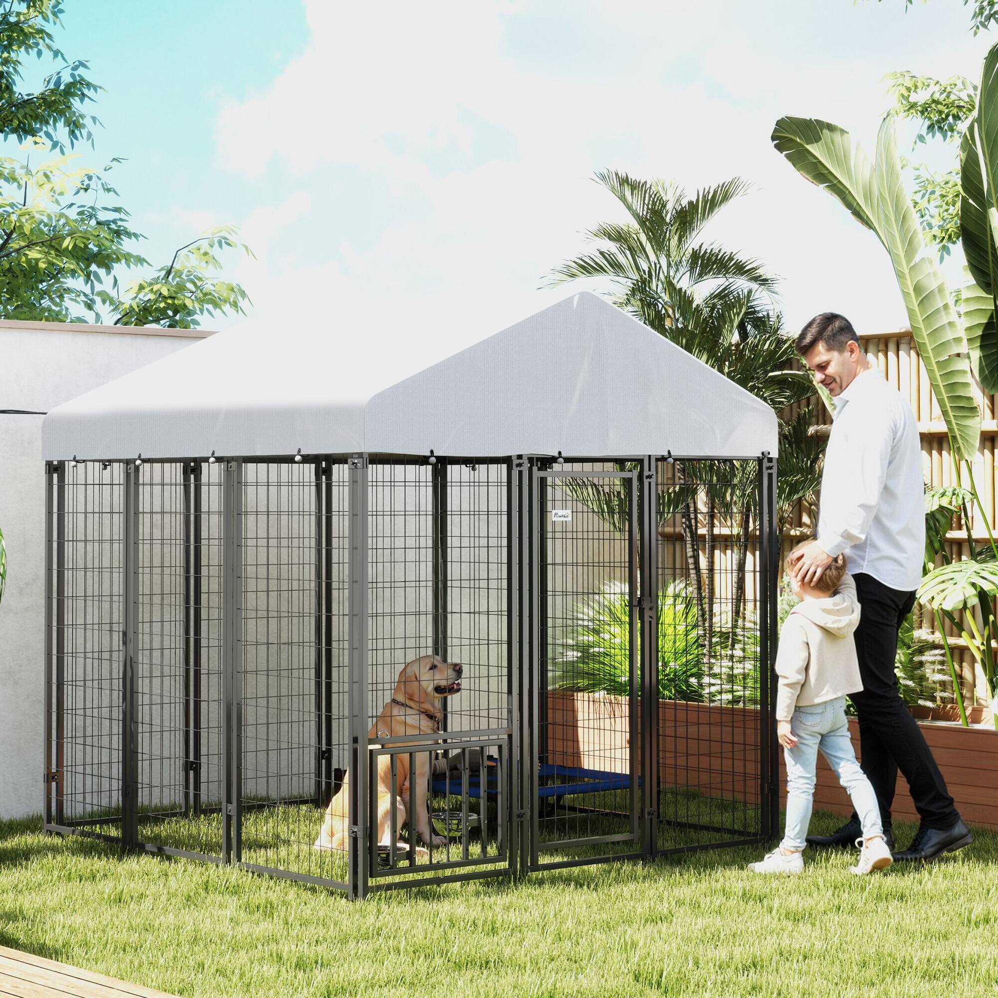 Angle. Pawhut - 5.9'x4'x6' Outdoor Dog Kennel, Welded Wire Run, 360° Rotating 4 Level Bowls, Waterproof Cover, S&M Dogs.