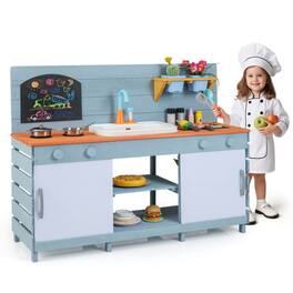 Costway - Play Kitchen for Kids Wooden Toy Kitchen Playset with Chalkboard Grill Rack - Blue