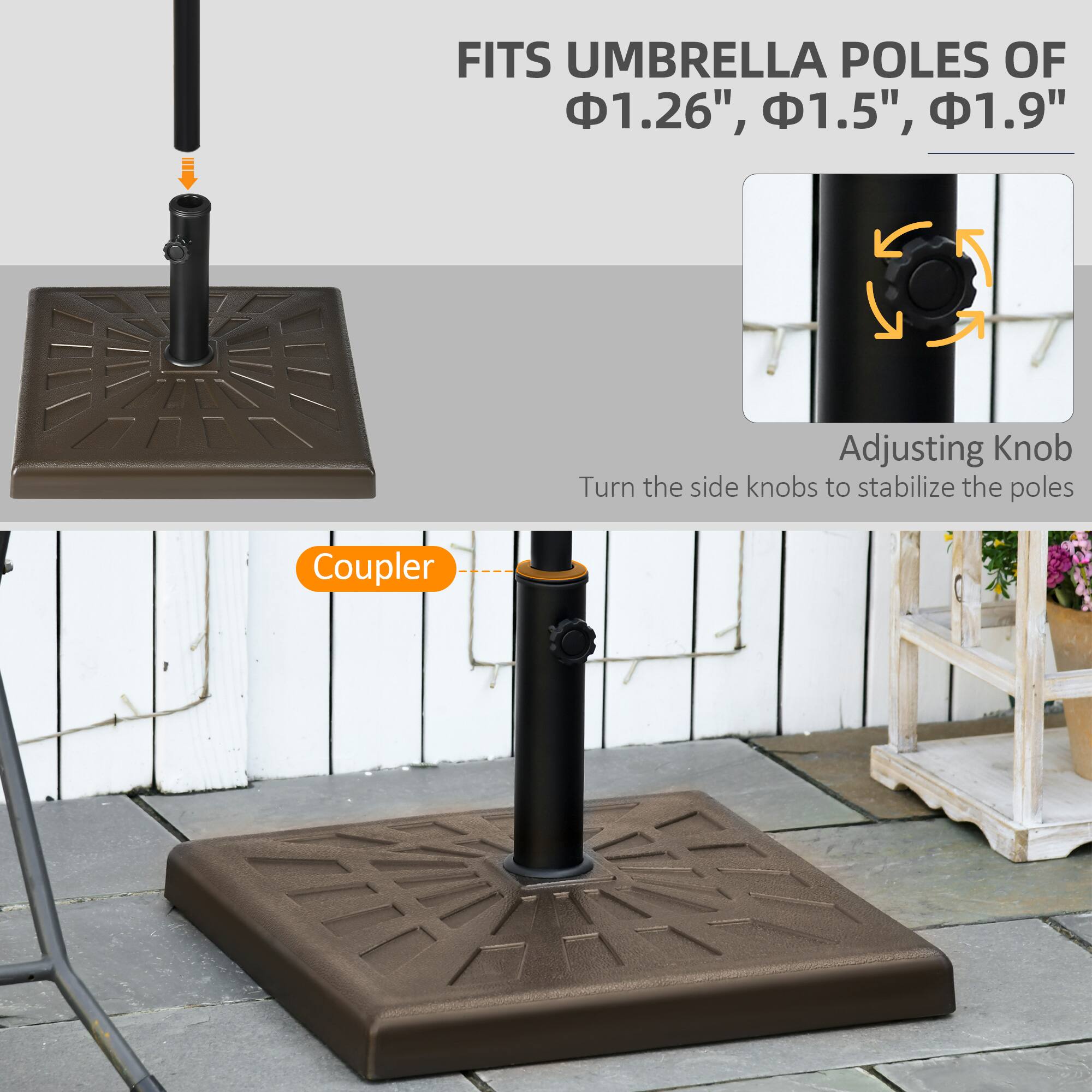 FITS UMBRELLA POLES OF 1.26", 1.5", 1.9" - Adjusting Knob - Turn the side knobs to stabilize the poles - Coupler