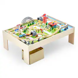 VEVOR - Train Table, 120 Multicolor Pieces Wooden Kids Activity Table with Collapsible Storage Bin, 3-in-1 Wooden Train Set - Wood
