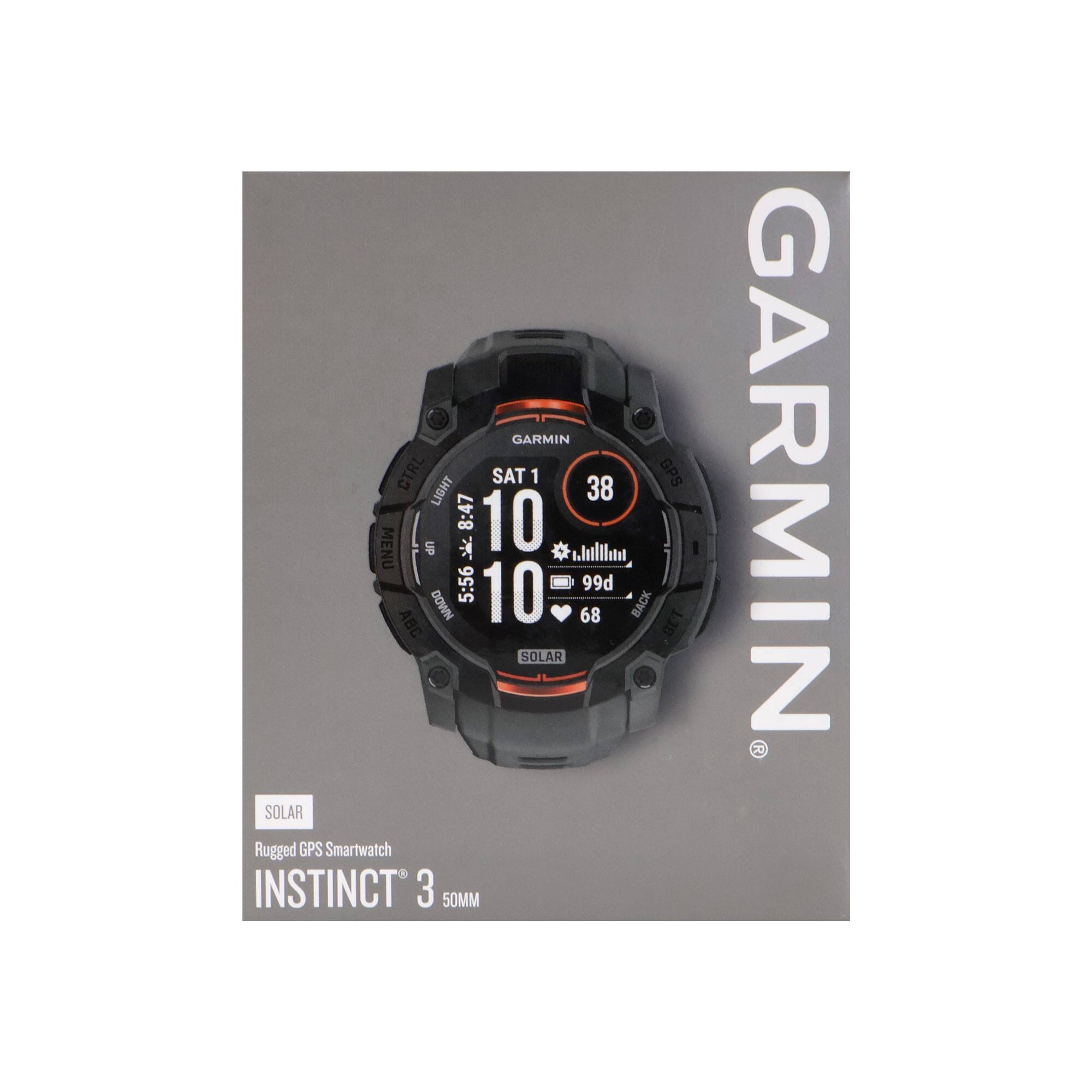 GARMIN CTRL SAT 1 38 GPS LIGHT 8:47 10 MENU UP  
hulthata 5:56 99d ABC NMDO 10 68 BACK OET SOLAR  
SOLAR Rugged GPS Smartwatch INSTINCT 3 50MM GARMIN