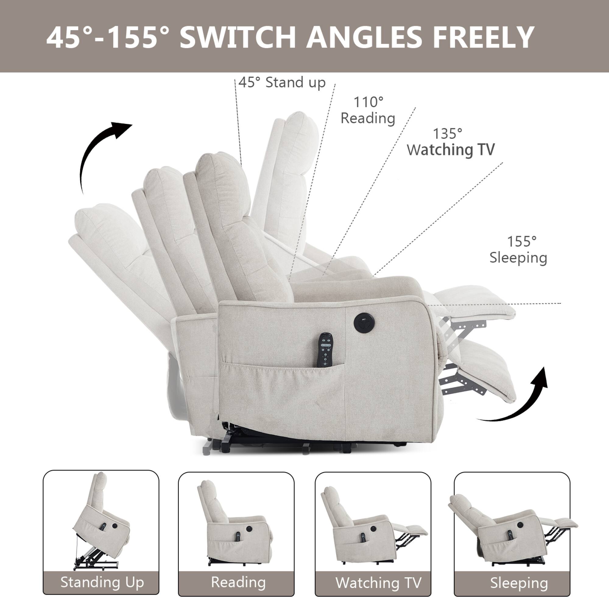 45°-155° SWITCH ANGLES FREELY

45° Stand up  
110° Reading  
135° Watching TV  
155° Sleeping  

Standing Up  
Reading  
Watching TV  
Sleeping