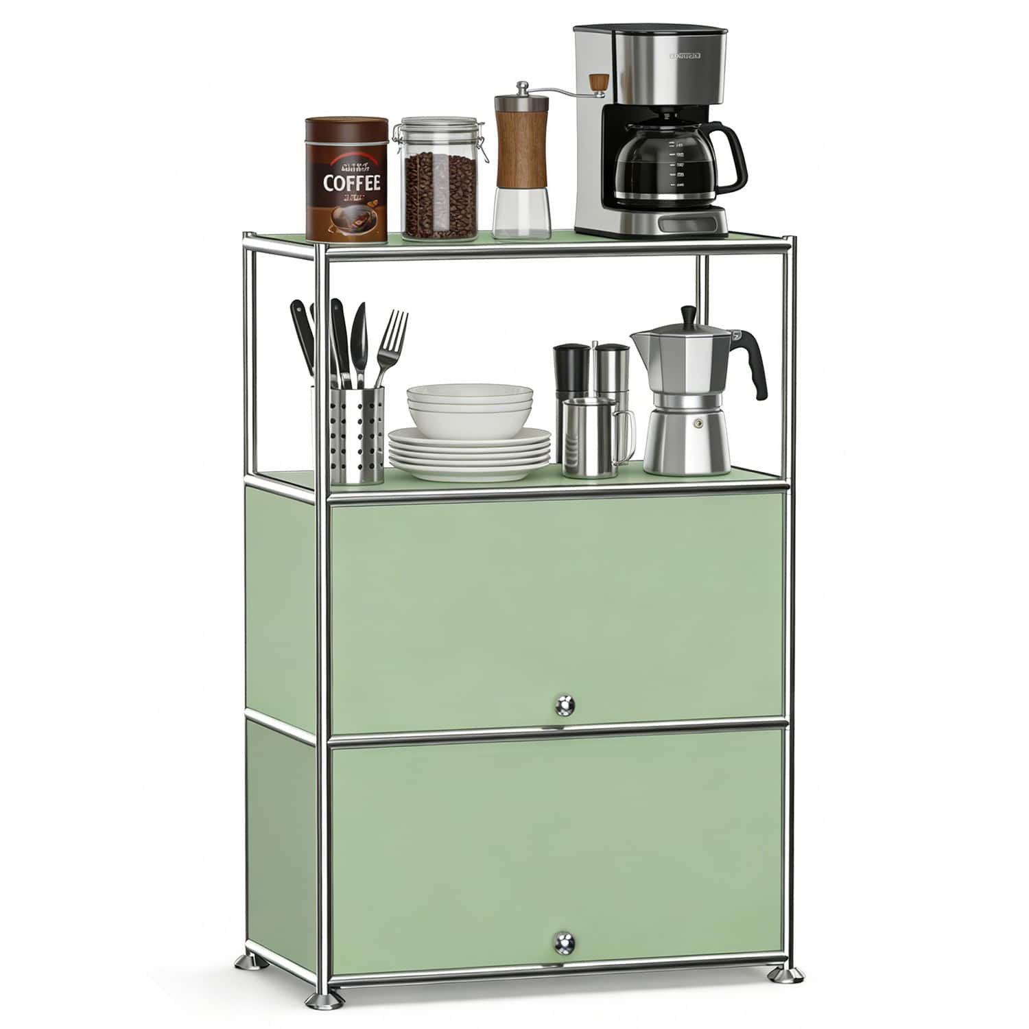 Front. Malletson - 3-Tier Modular Metal Sideboard Buffet, Modern Storage Accent Cabinet with Doors for Kitchen Dining Room - Green.