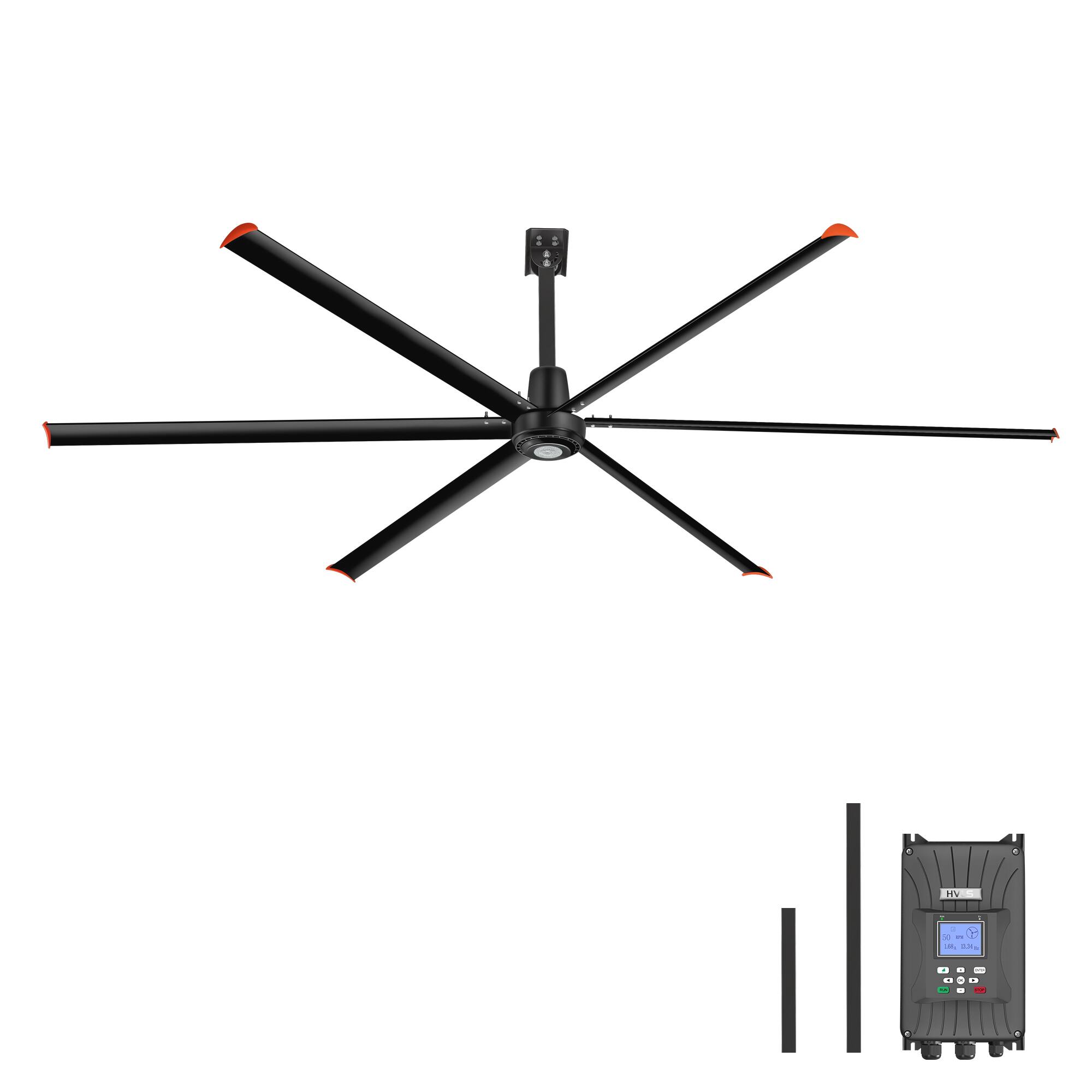 Angle. Breezary - 144‑Inch HVLS Industrial Ceiling Fan,1P 110V, DC Motor, 12‑Speed Wall Control, Aluminum Blades, High Volume Airflow - Matte Black.
