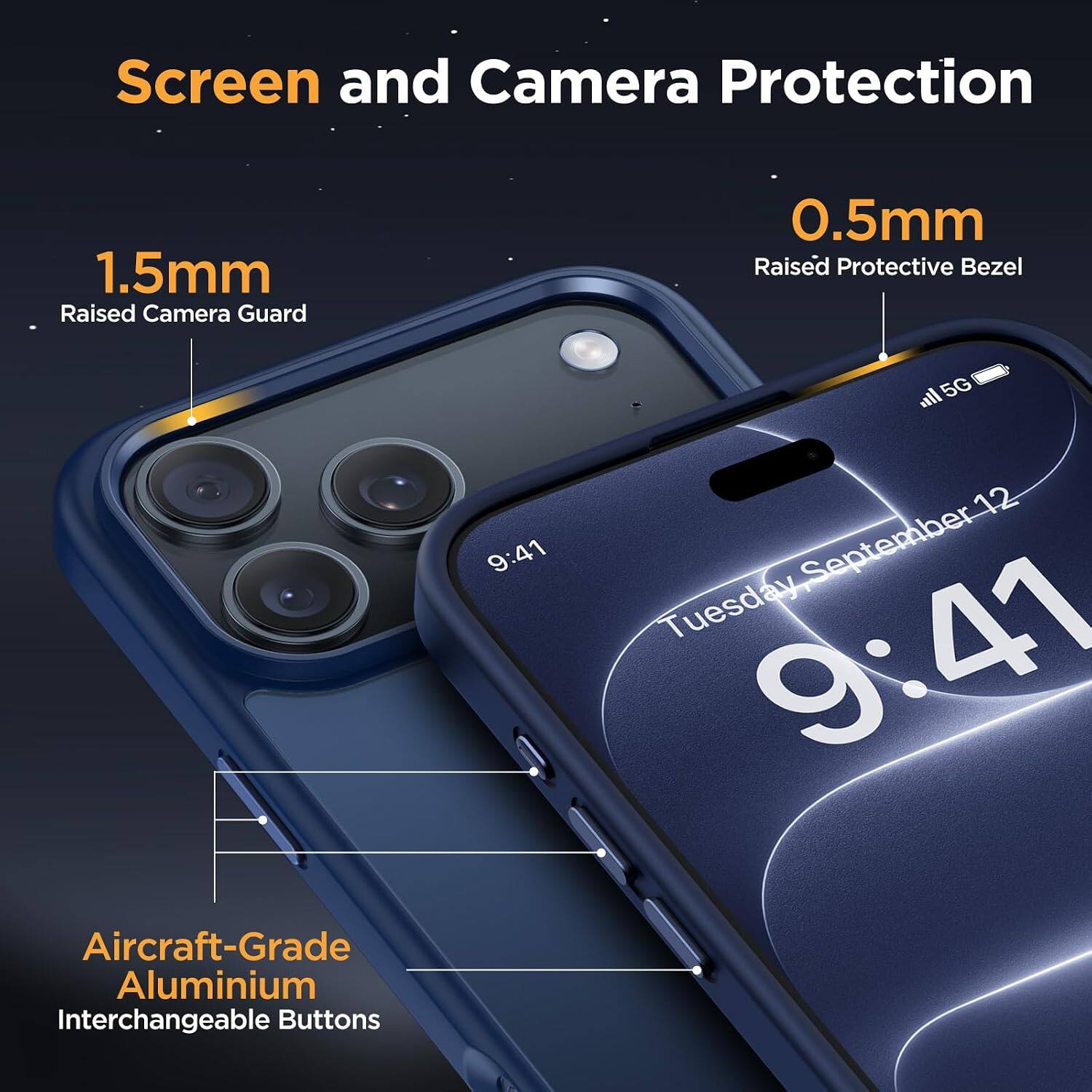 Screen and Camera Protection

1.5mm Raised Camera Guard

0.5mm Raised Protective Bezel

Aircraft-Grade Aluminium Interchangeable Buttons