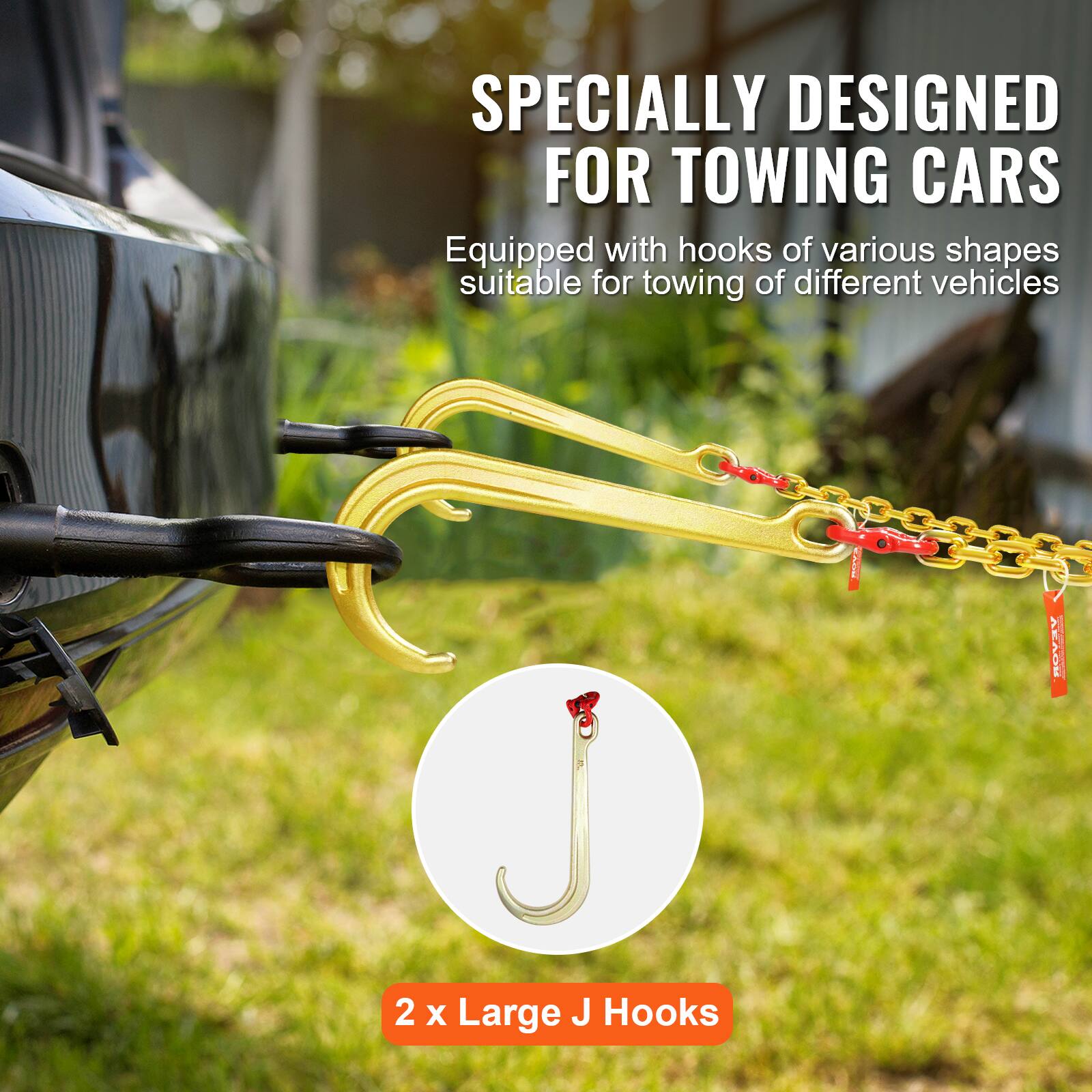 Specially designed for towing cars. Equipped with hooks of various shapes suitable for towing of different vehicles. 2 x Large J Hooks.