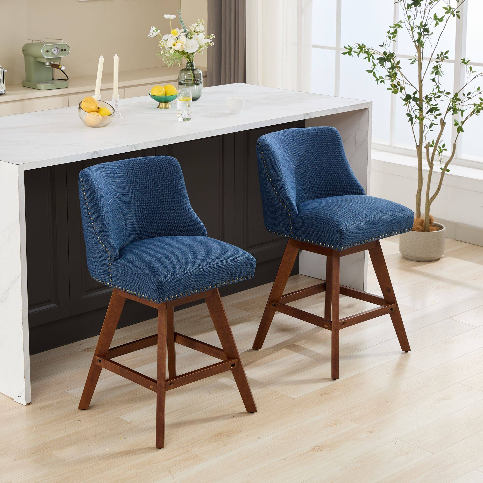 Alt View 2. Trinkets Crazed - Counter Height Swivel Barstools Set of 2, 26'' H Seat Height Upholstered Bar Stools, Fabric - Blue.