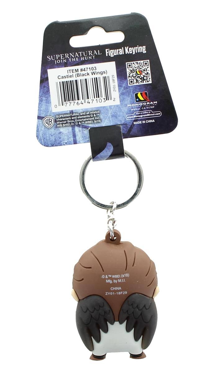 Sure, here is the corrected and grouped text from the image:

---

**SUPERNATURAL Figural Keyring**  
**JOIN THE HUNT**  
**ITEM #47103**  
**Castiel (Black Wings)**  
**ZY01-18F29**  

**0 77764 47103 2**  

**MONOGRAM**  
**CA 91789**  
**Weleet and all related SUPERNATURAL & TM elements**  
**www.MonogramDirect.com**  
**characters and Inc. Bros. Entertainment WBEI (s18)**  

**MADE IN CHINA**  
**WB SHIELD: & TM WBEI (s18)**  
**Mfg. by M.I.I. CHINA**  
**ZY01-18F29**  

**© & ™ WBEI (s18)**  
**Mfg. by M.I.I.**  
**CHINA**  
**ZY01-18F29**  

---