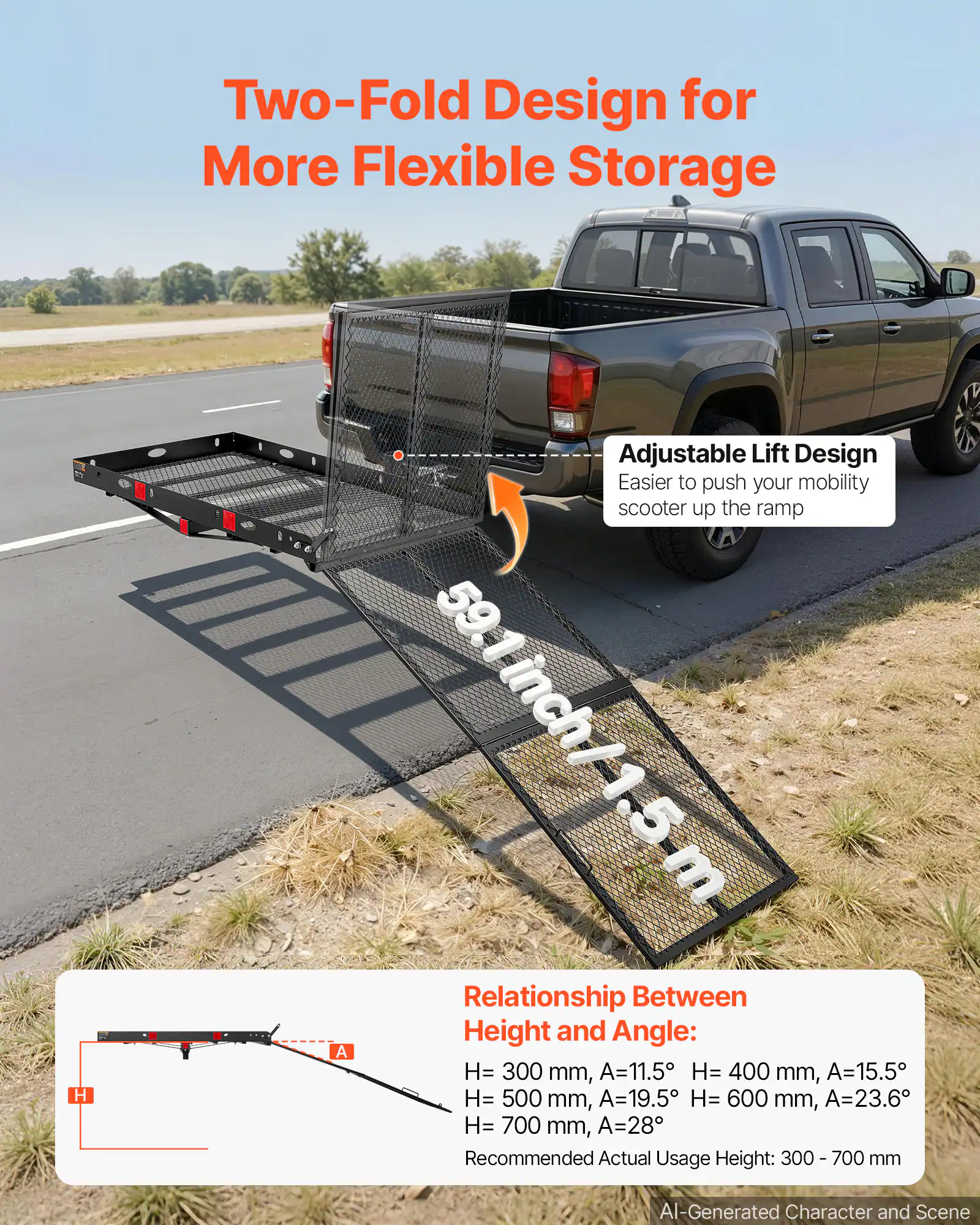 Two-Fold Design for More Flexible Storage

Adjustable Lift Design
Easier to push your mobility scooter up the ramp

59.1 inch/1.5m

Relationship Between Height and Angle:
- H= 300 mm, A=11.5°
- H= 400 mm, A=15.5°
- H= 500 mm, A=19.5°
- H= 600 mm, A=23.6°
- H= 700 mm, A=28°

Recommended Actual Usage Height: 300 - 700 mm

AI-Generated Character and Scene