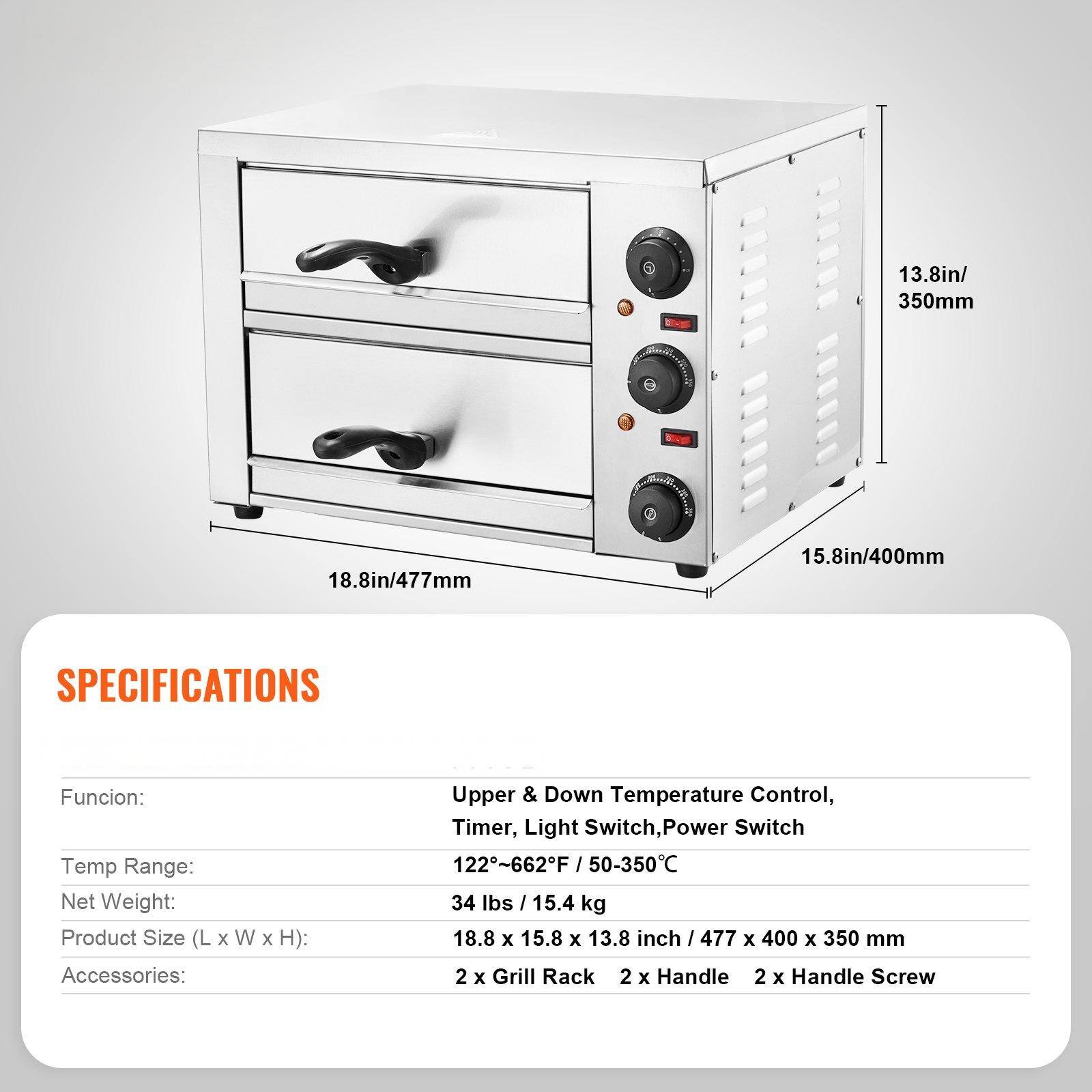 **SPECIFICATIONS**

- **Function:** Upper & Down Temperature Control, Timer, Light Switch, Power Switch
- **Temp Range:** 122°F - 662°F / 50°C - 350°C
- **Net Weight:** 34 lbs / 15.4 kg
- **Product Size (L x W x H):** 18.8 x 15.8 x 13.8 inch / 477 x 400 x 350 mm
- **Accessories:** 2 x Grill Rack, 2 x Handle, 2 x Handle Screw