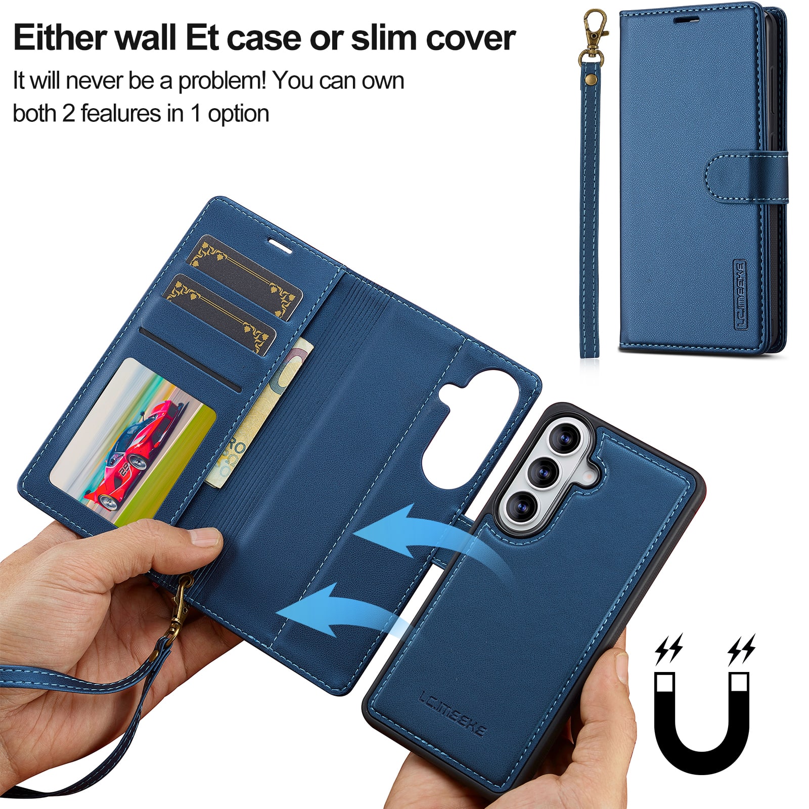 Dteck - For Samsung Galaxy S26+ Premium PU Leather Detachable Folio Card Slots Wallet Phone Case With Wrist Strap - Blue