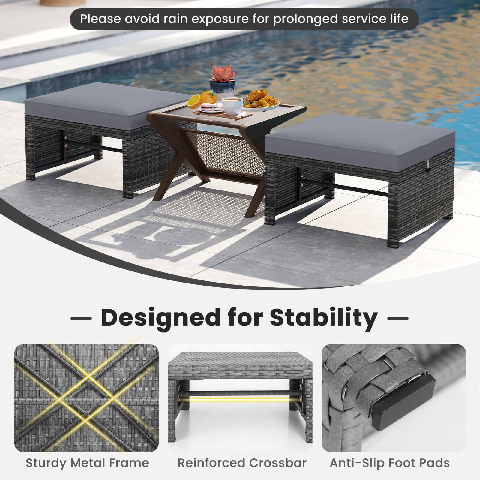 Please avoid rain exposure for prolonged service life

Designed for Stability

Sturdy Metal Frame
Reinforced Crossbar
Anti-Slip Foot Pads