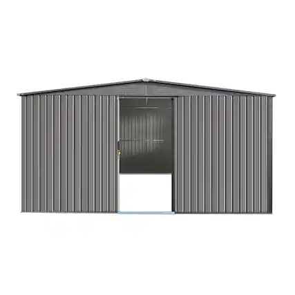 Front. Mondawe - 14x12 Ft Outdoor Storage Shed with Tool Space and Firewood Storage - Grey.