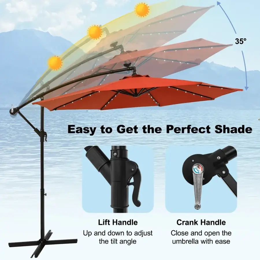 The image features a beach umbrella with a red canopy, providing shade for beachgoers. The umbrella is open and positioned on a stand, making it easy to get the perfect shade. The umbrella has a lift handle and a crank handle, allowing users to adjust the tilt angle and open or close the umbrella with ease.
