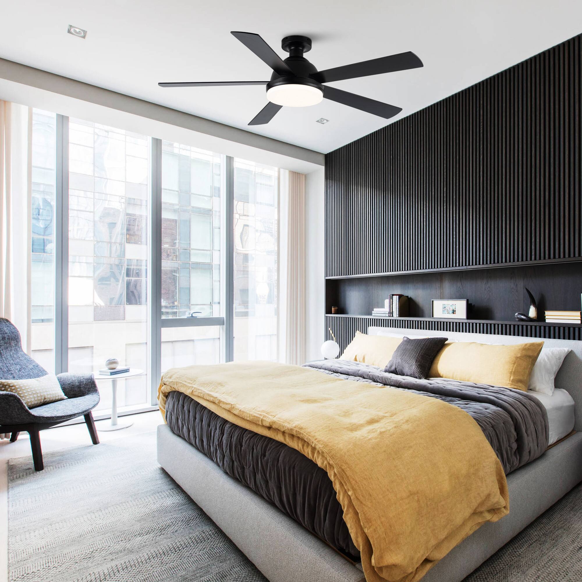 Angle. Vaczon - 52‘’ Industrial Reversible Flush Mount Smart Ceiling Fan with Light and APP - Black.