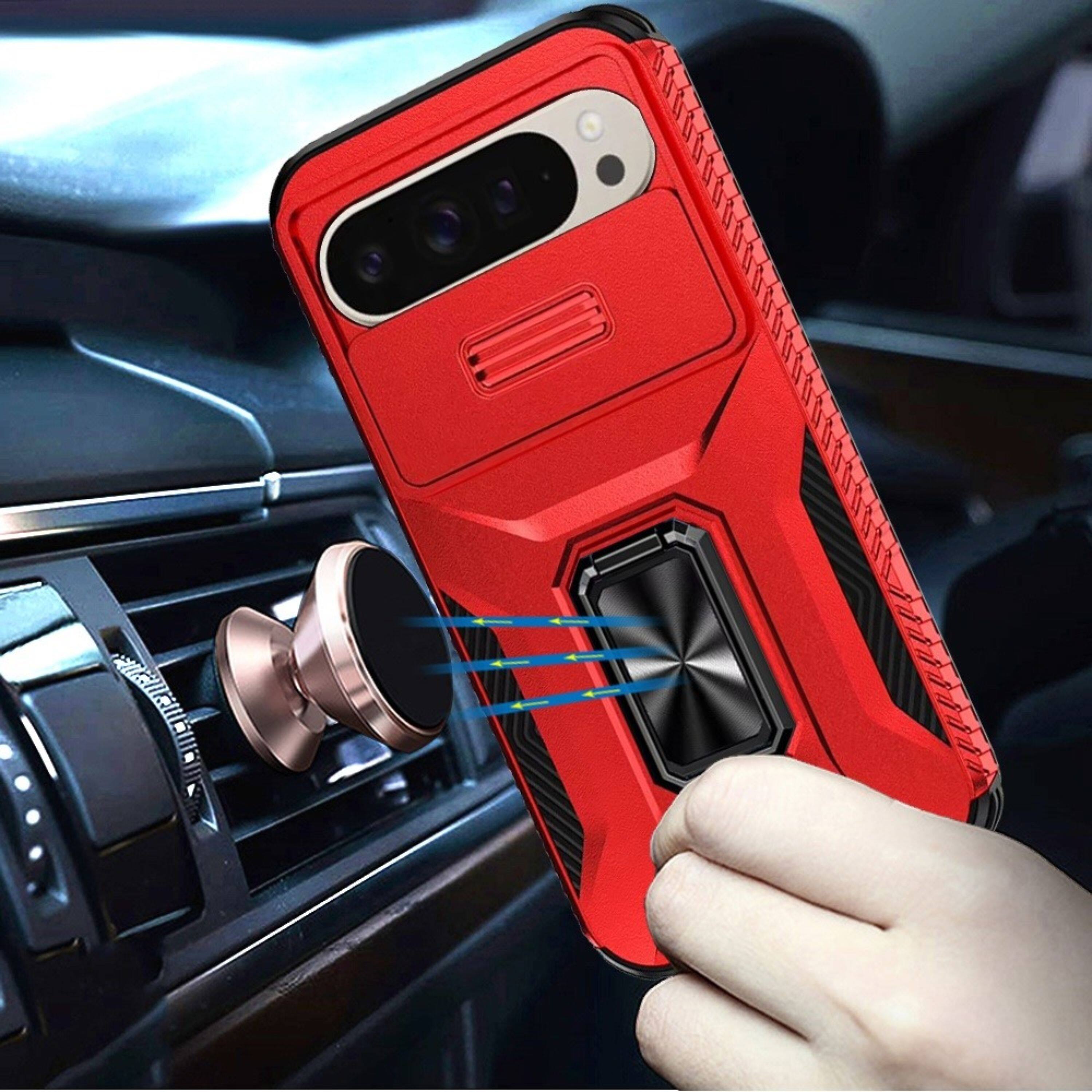 Left. Kitcheniva - Full Protection Phone Case With Metal Stand Lens Cover & Tempered Glass For Google Pixel 10 Pro XL Red - Red.