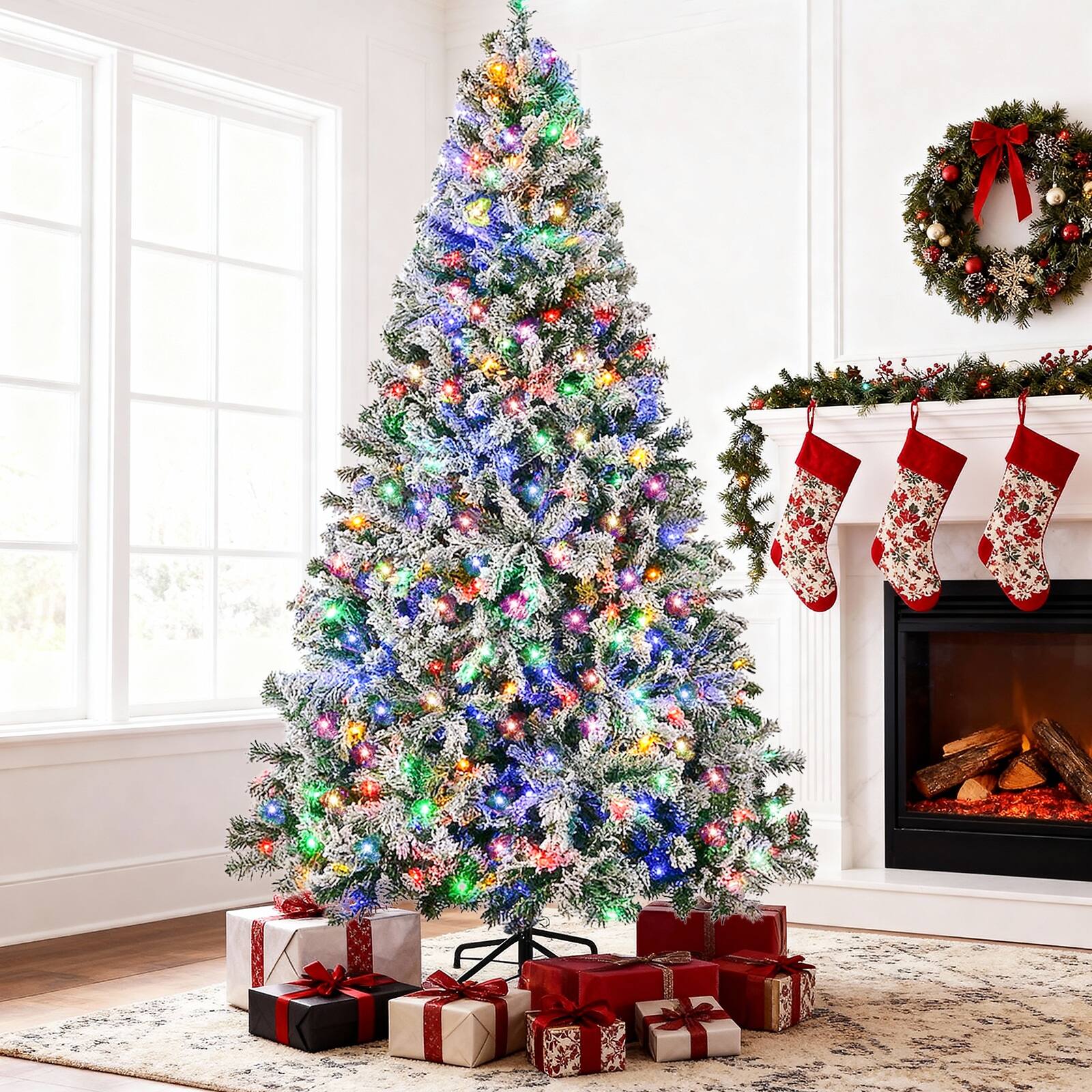 Angle. SKONYON - 7.5ft Snow-Flocked Pre-Lit Artificial Christmas Tree with 350 LED Lights and 1108 Branch Tips - White.