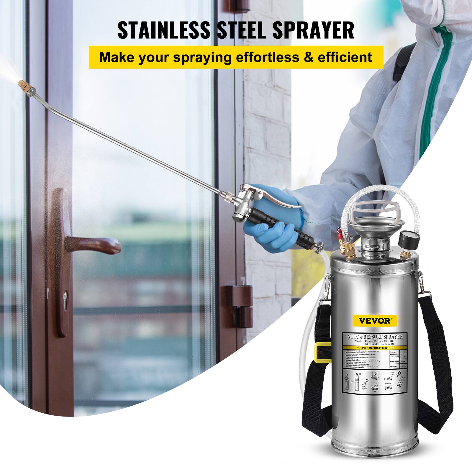 STAINLESS STEEL SPRAYER  
Make your spraying effortless & efficient  

VEVOR  
AUTO-PRESSURE SPRAYER  
A. Portable & Efficient
