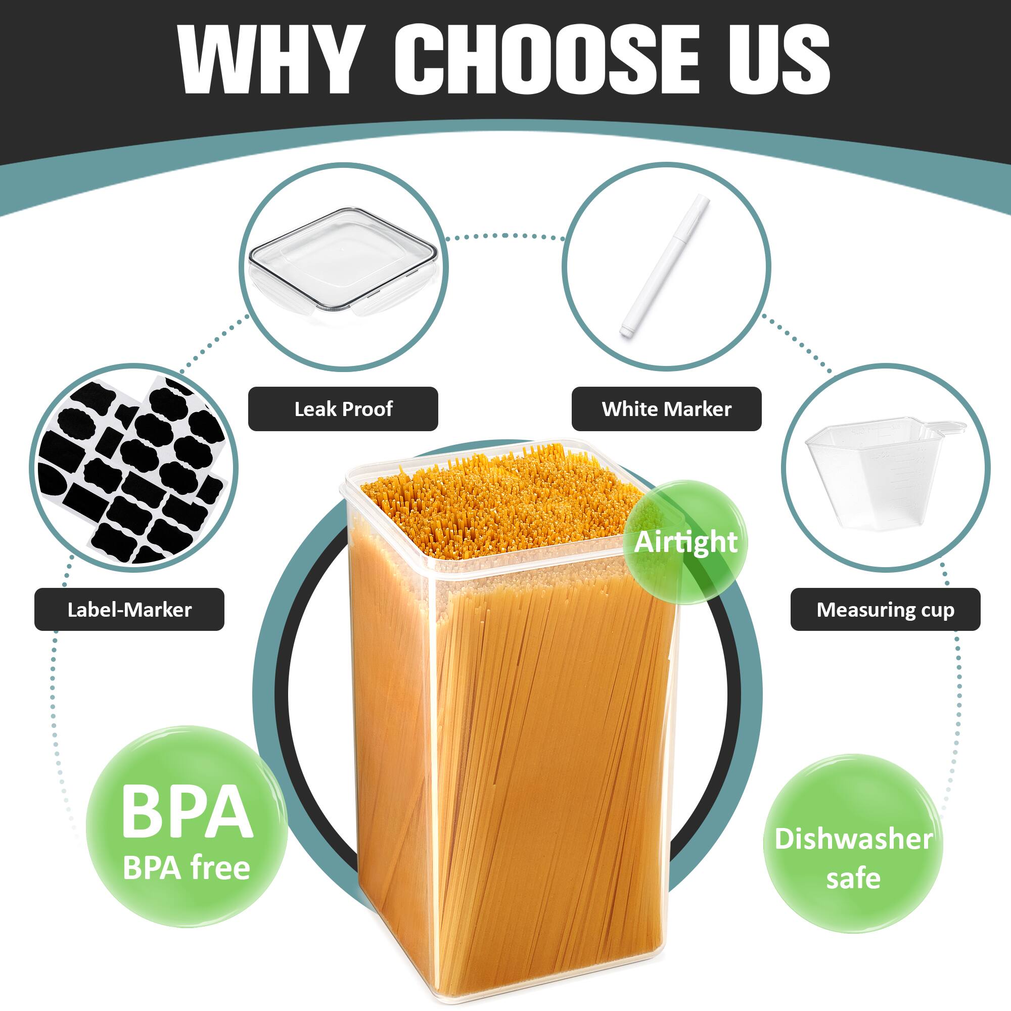 WHY CHOOSE US

- Leak Proof
- White Marker
- Airtight
- Label-Marker
- BPA free
- Measuring cup
- Dishwasher safe