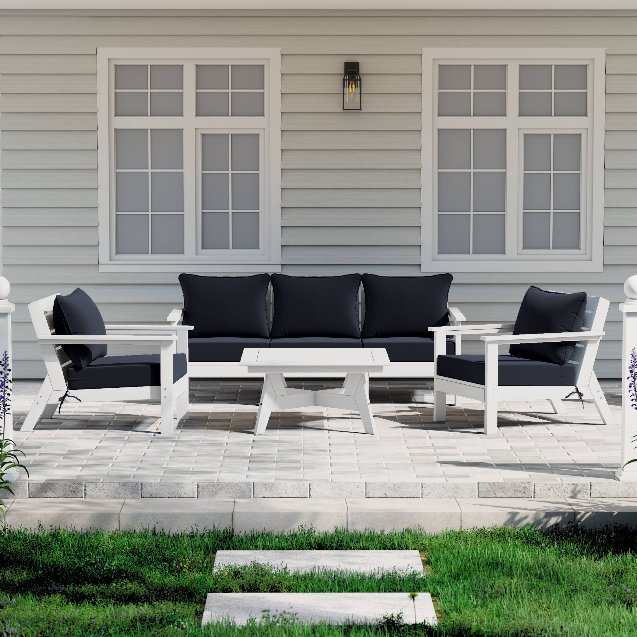 Angle. WestinTrends - WestinTrends Avalon Outdoor 6-Piece Modular Sectional Patio Furniture Sofa Set - White/Navy Blue.