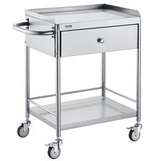 Front. VEVOR - Medical Cart, 2-Layer Stainless Steel Cart 220 lbs Weight Capacity, with 360° Silent Wheels and a Drawer - Silver.