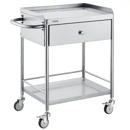 Front. VEVOR - Medical Cart, 2-Layer Stainless Steel Cart 220 lbs Weight Capacity, with 360° Silent Wheels and a Drawer - Silver.