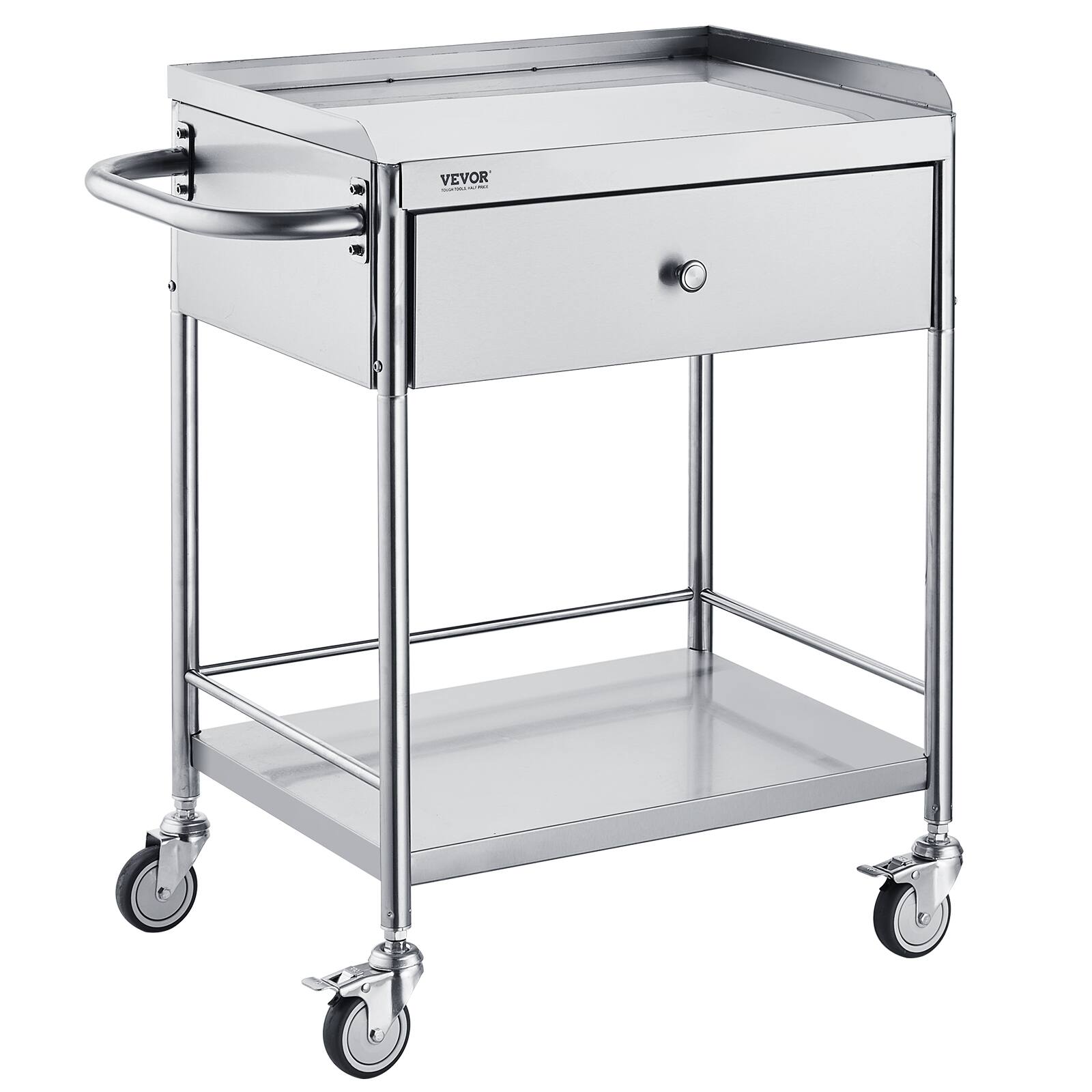 VEVOR - Medical Cart, 2-Layer Stainless Steel Cart 220 lbs Weight Capacity, with 360° Silent Wheels and a Drawer - Silver