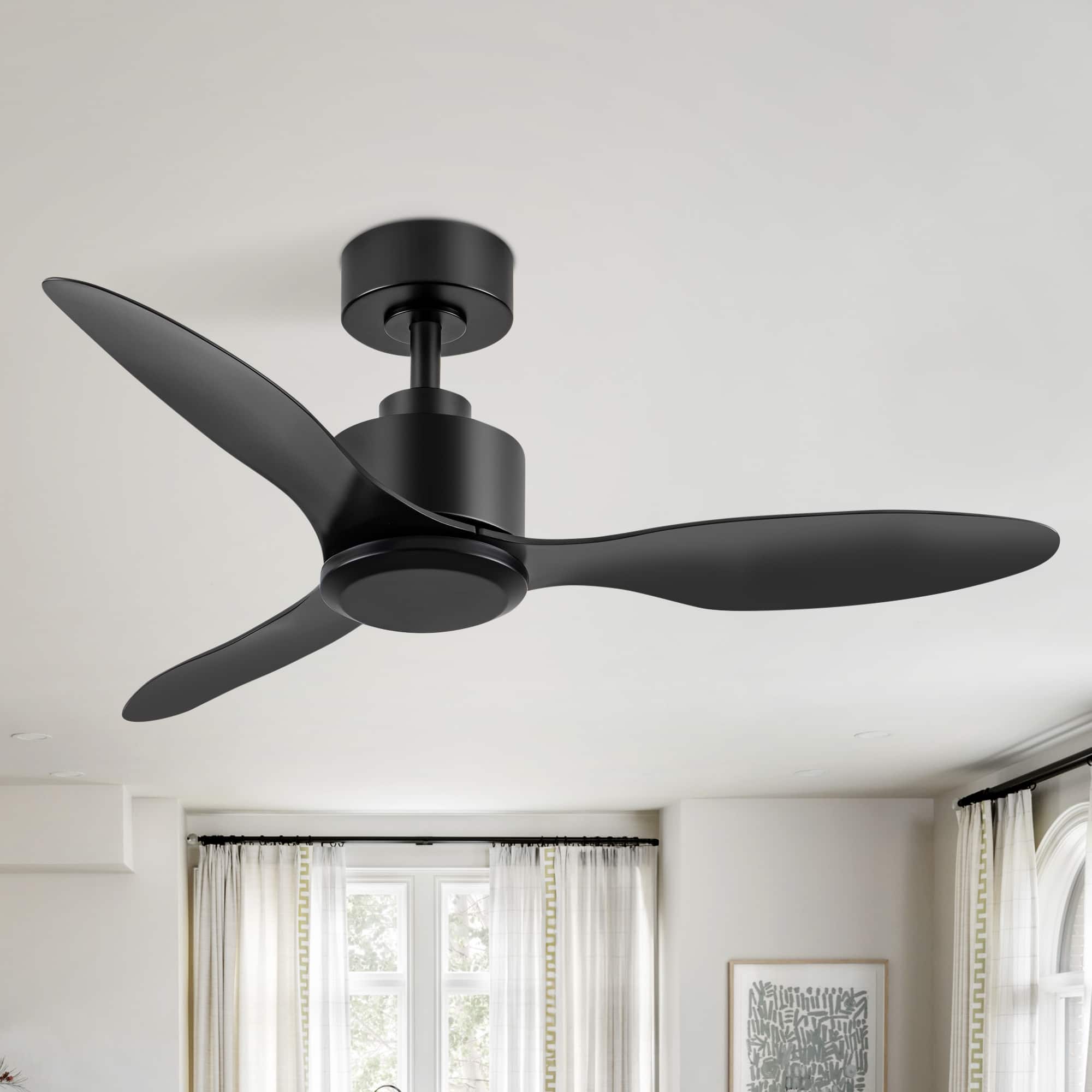 Front. Breezary - 42" Modern Indoor Ceiling Fan, 3 ABS Blades, 6-Speed DC Motor, Remote Control, Timer, 5'' Downrod, Light/No Light Option - Matte Black (Without Light).