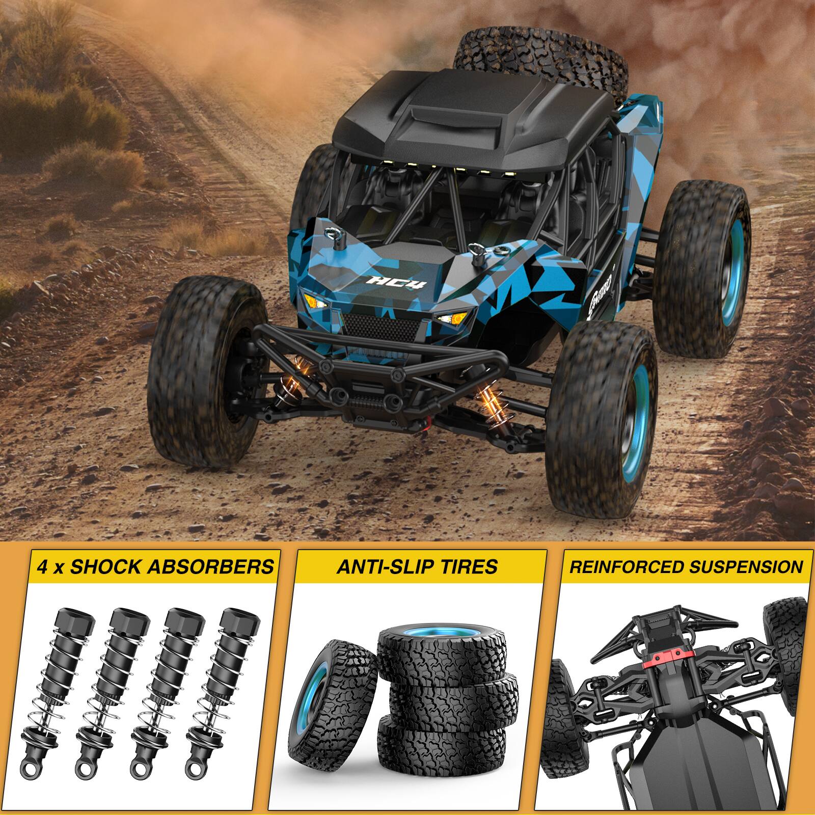 HCU Je 4 x SHOCK ABSORBERS ANTI-SLIP TIRES REINFORCED SUSPENSION

4 x SHOCK ABSORBERS

ANTI-SLIP TIRES

REINFORCED SUSPENSION