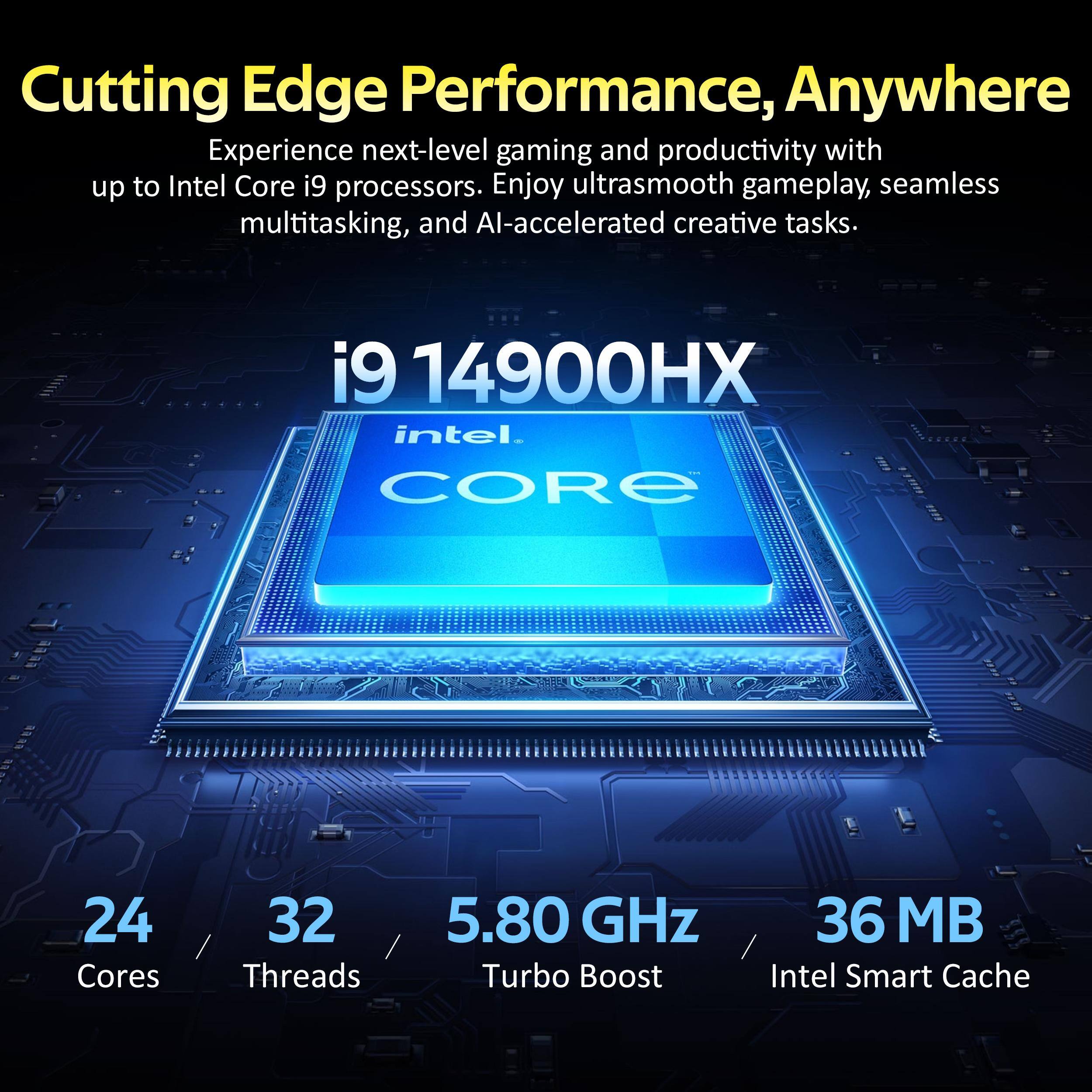 Cutting Edge Performance, Anywhere

Experience next-level gaming and productivity with up to Intel Core i9 processors. Enjoy ultrasmooth gameplay, seamless multitasking, and AI-accelerated creative tasks.

i9 14900HX
intel CORE

24 Cores
32 Threads
5.80 GHz Turbo Boost
36 MB Intel Smart Cache