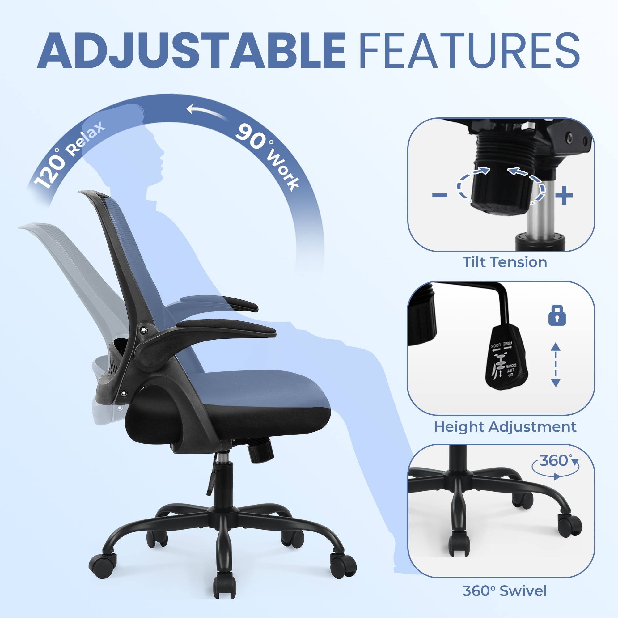 ADJUSTABLE FEATURES

- 120° Relax
- 90° Work
- Tilt Tension
- Height Adjustment
- 360° Swivel