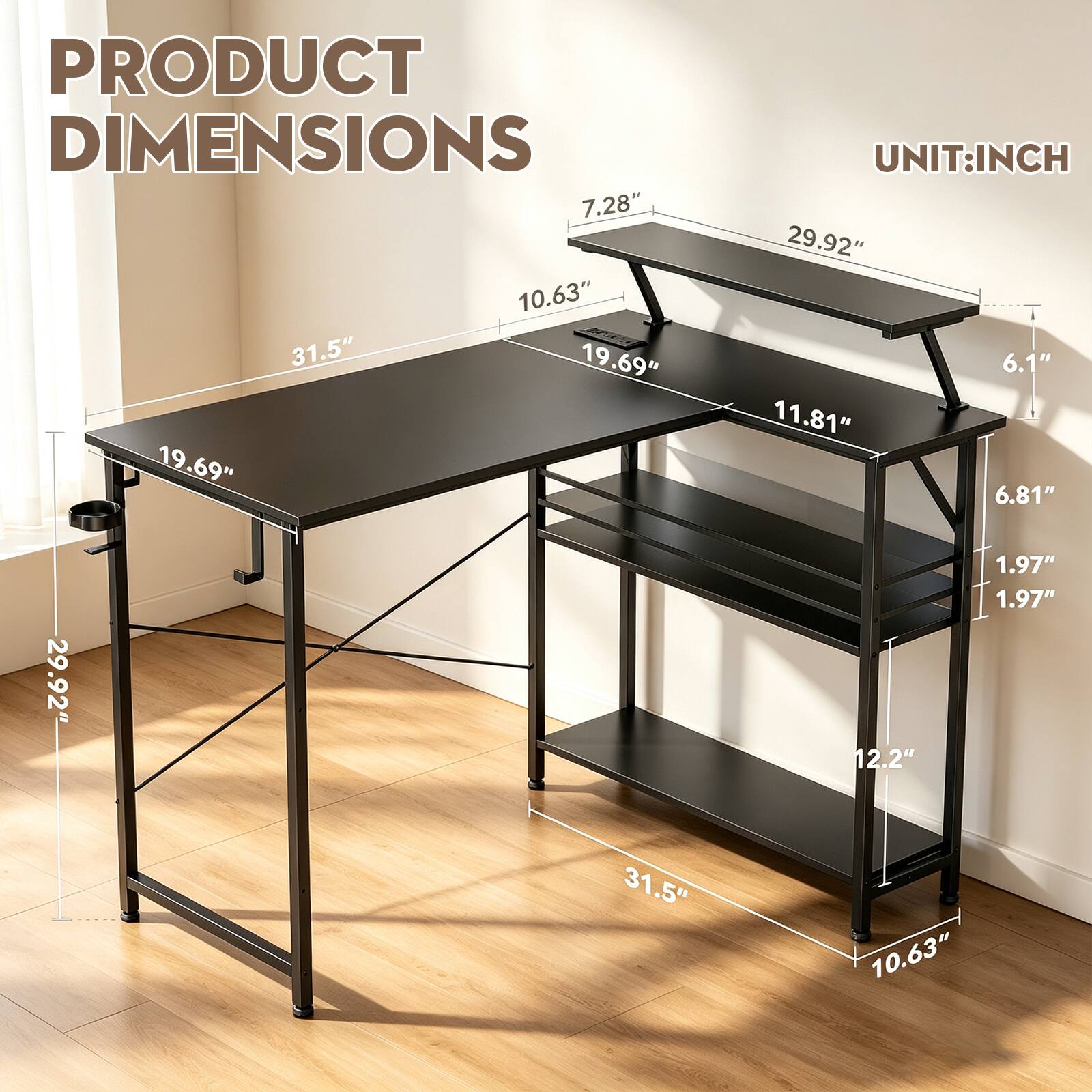 PRODUCT DIMENSIONS  
7.28" 10.63" 31.5" 19.69" 19.69"  
UNIT: INCH  
29.92" 6.1" 11.81" 6.81"  
29.92"  
12.2"  
1.97" 1.97"  
31.5"  
10.63"