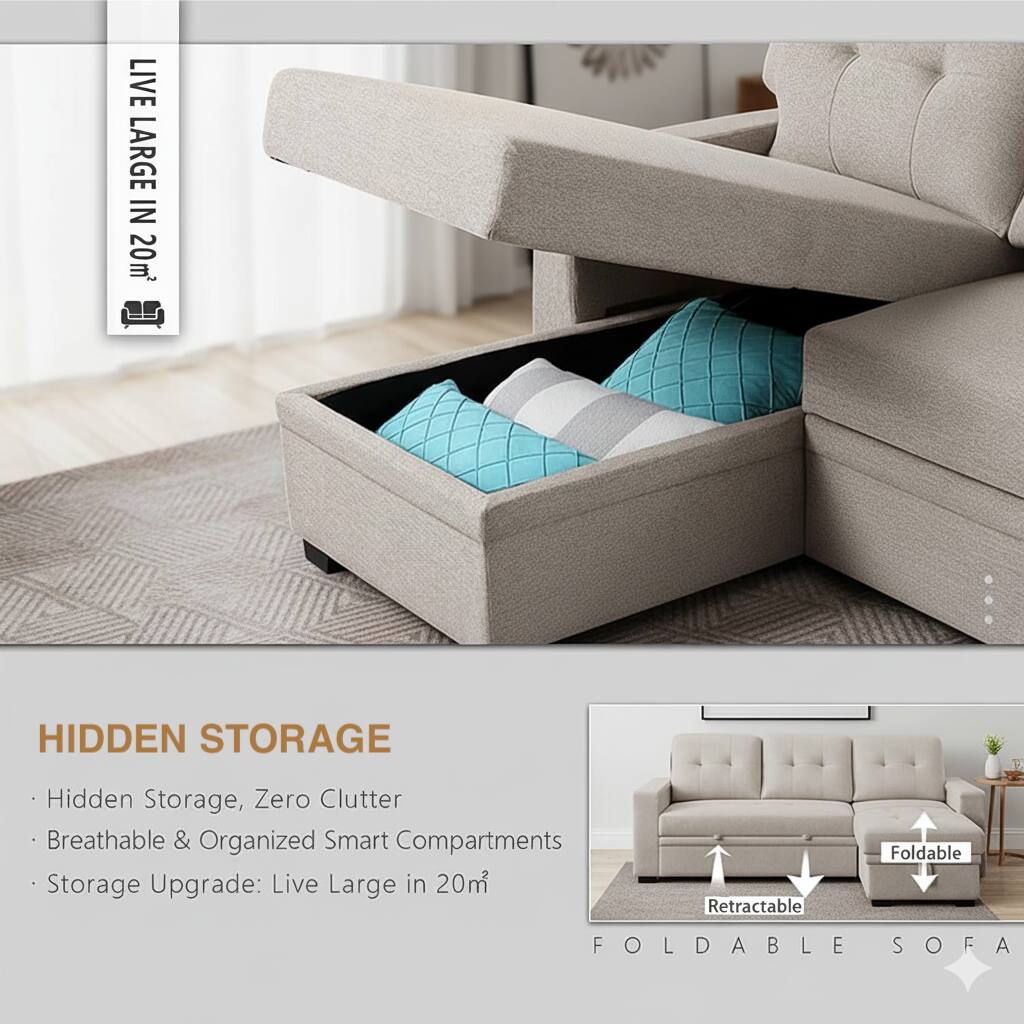 LIVE LARGE IN 20m²

HIDDEN STORAGE
- Hidden Storage, Zero Clutter
- Breathable & Organized Smart Compartments
- Storage Upgrade: Live Large in 20m²

FOLDABLE SOFA
- Retractable
- Foldable