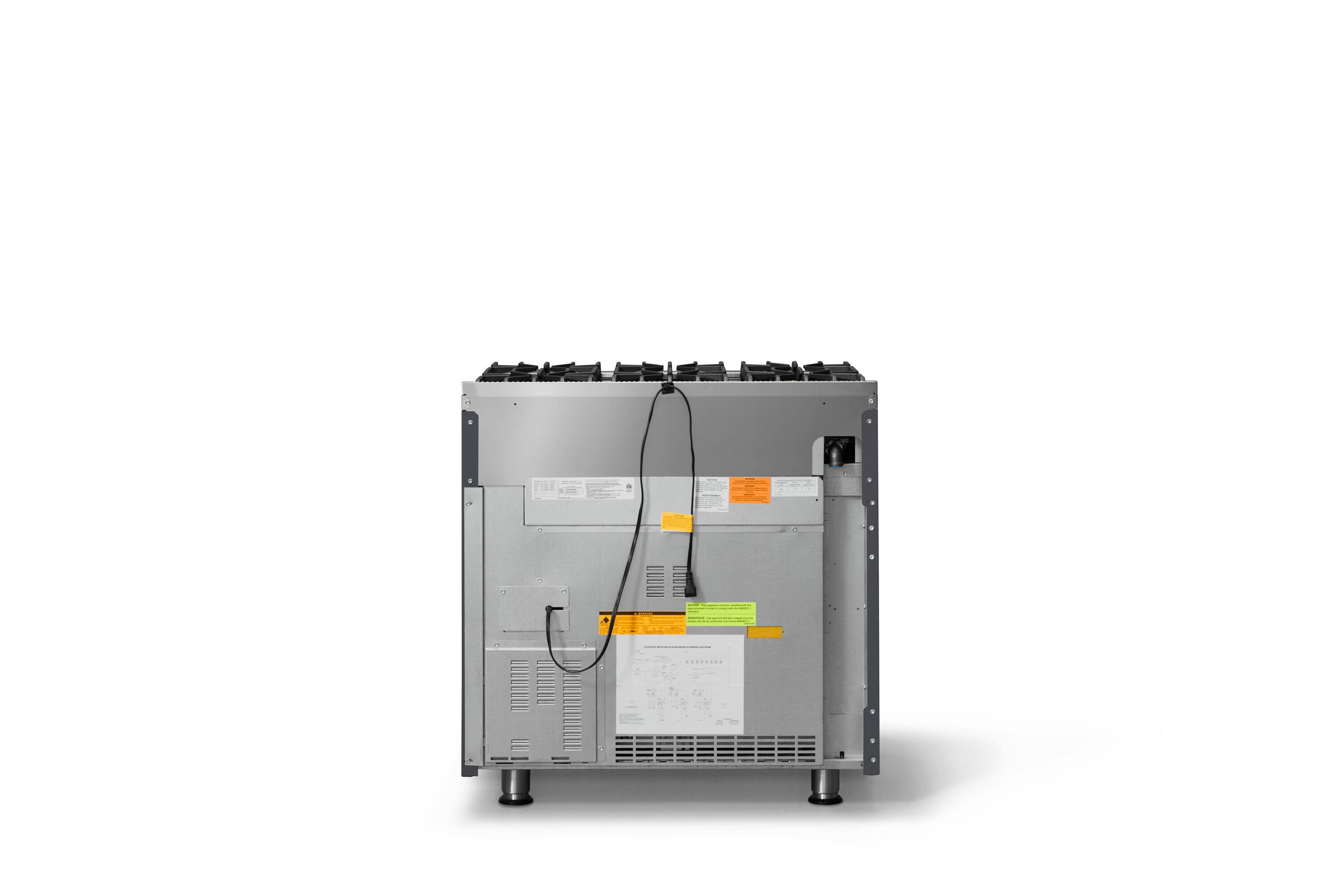 Back. Viking - Pro 5 Series 5.1 Cu. Ft. Freestanding Sealed 6 Burner Gas Convection Range - Damascus Gray w. Brushed Brass Trim - Cast Black.