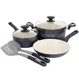 Spice By Tia Mowry - Savory Saffron 7 Piece Ceramic Nonstick Aluminum Cookware Set with Nylon Utensils in Grey - Gray