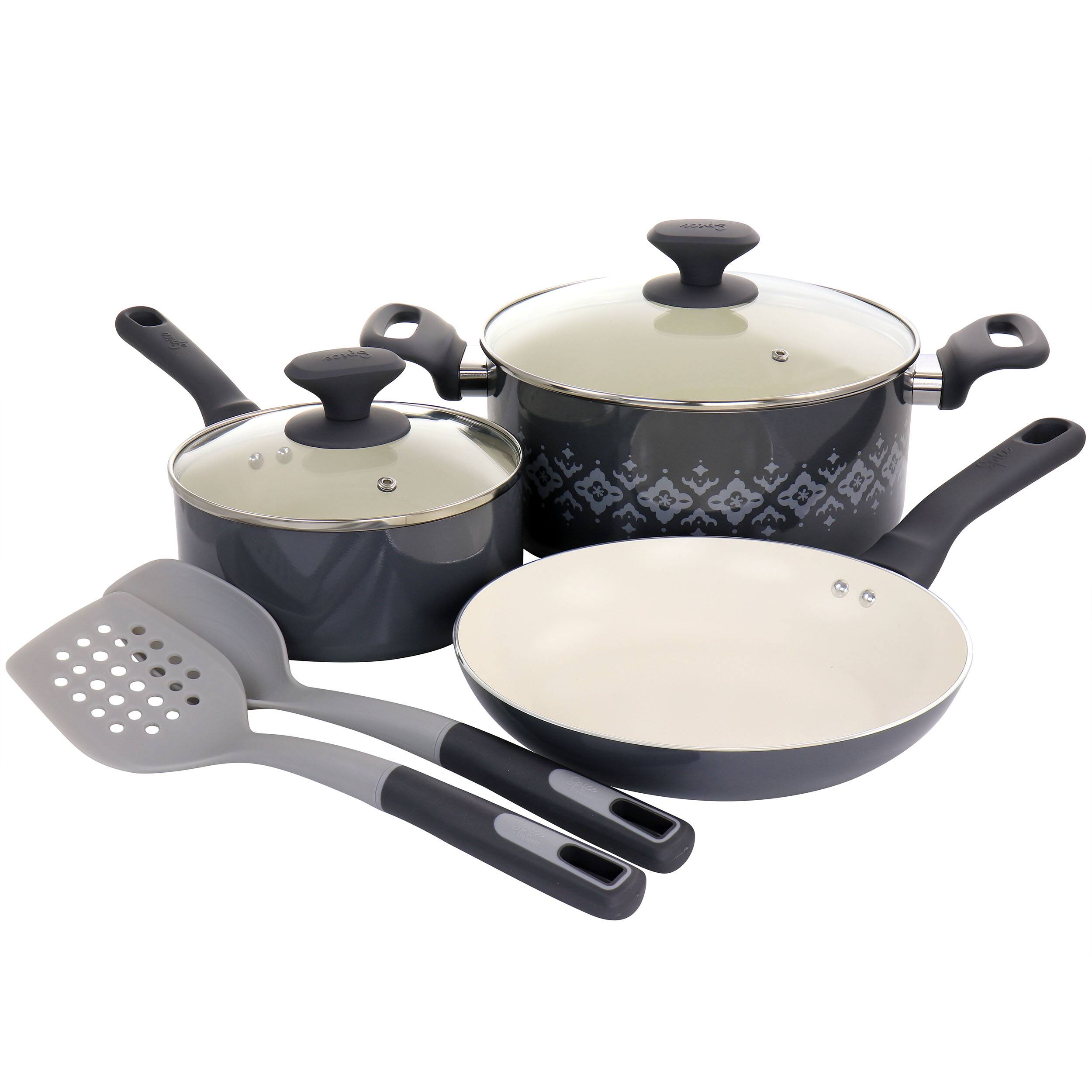 Front. Spice By Tia Mowry - Spice by Tia Mowry Savory Saffron 7 Piece Ceramic Nonstick Aluminum Cookware Set with Nylon Utensils in Grey - Gray.