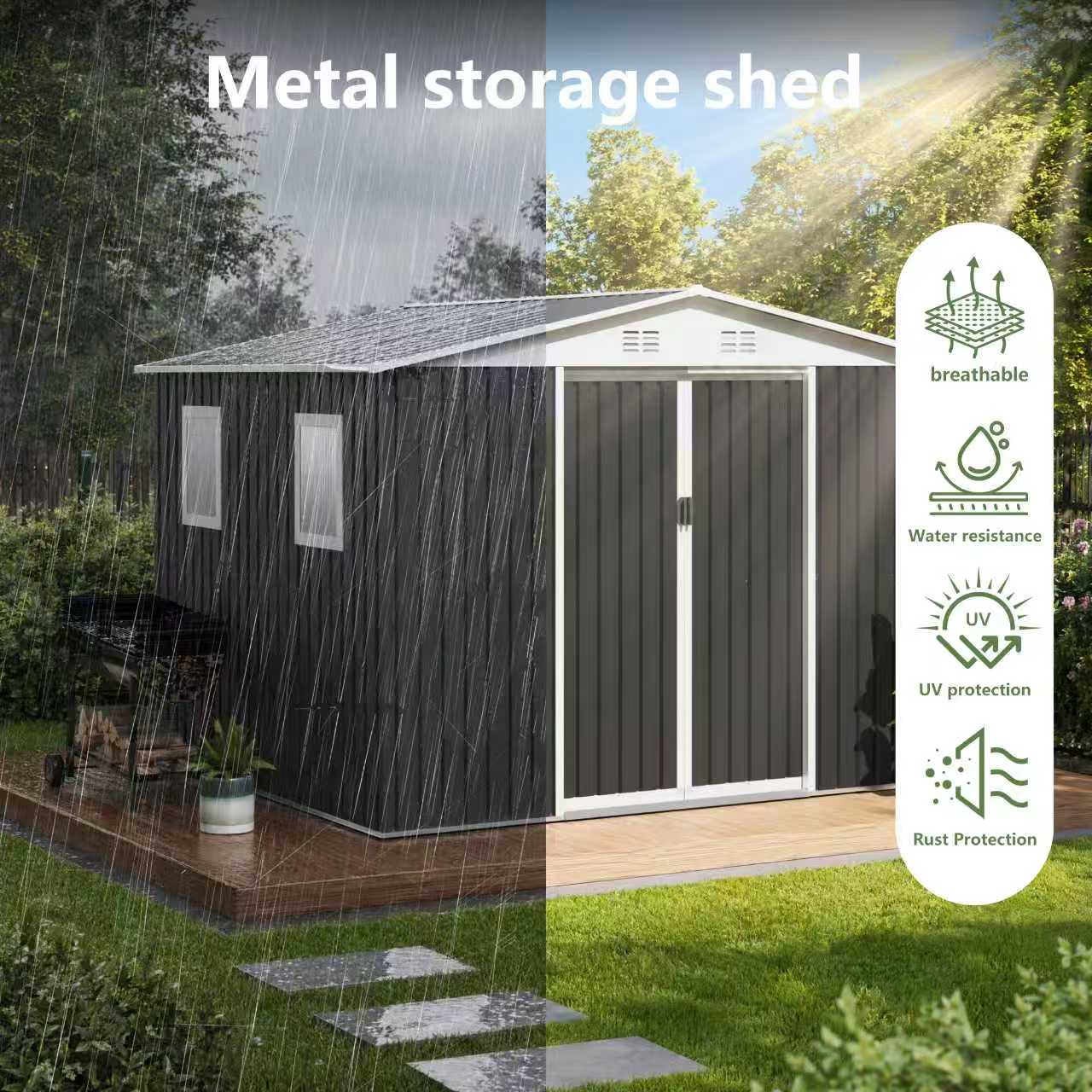 Metal storage shed

- Breathable
- Water resistance
- UV protection
- Rust Protection