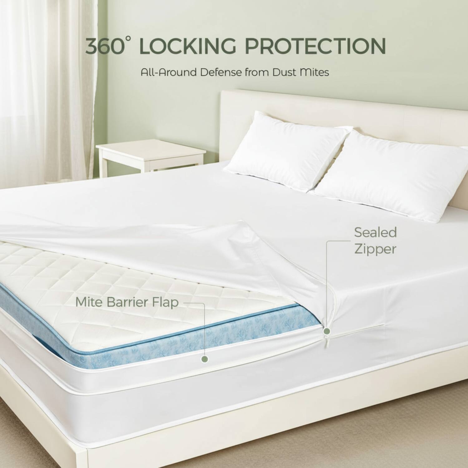 360° LOCKING PROTECTION  
All-Around Defense from Dust Mites  

Sealed Zipper  
Mite Barrier Flap