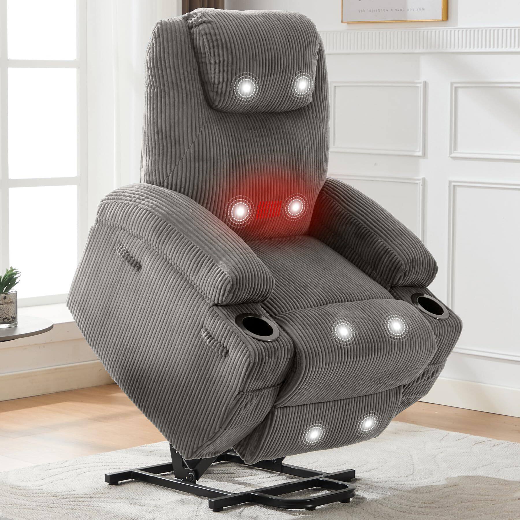 Jojoka - Elderly Power Lift Recliner Chair - 155° Reclining Electric Lift Chair with Massage, Heat, 2 Cup Holders - Gray
