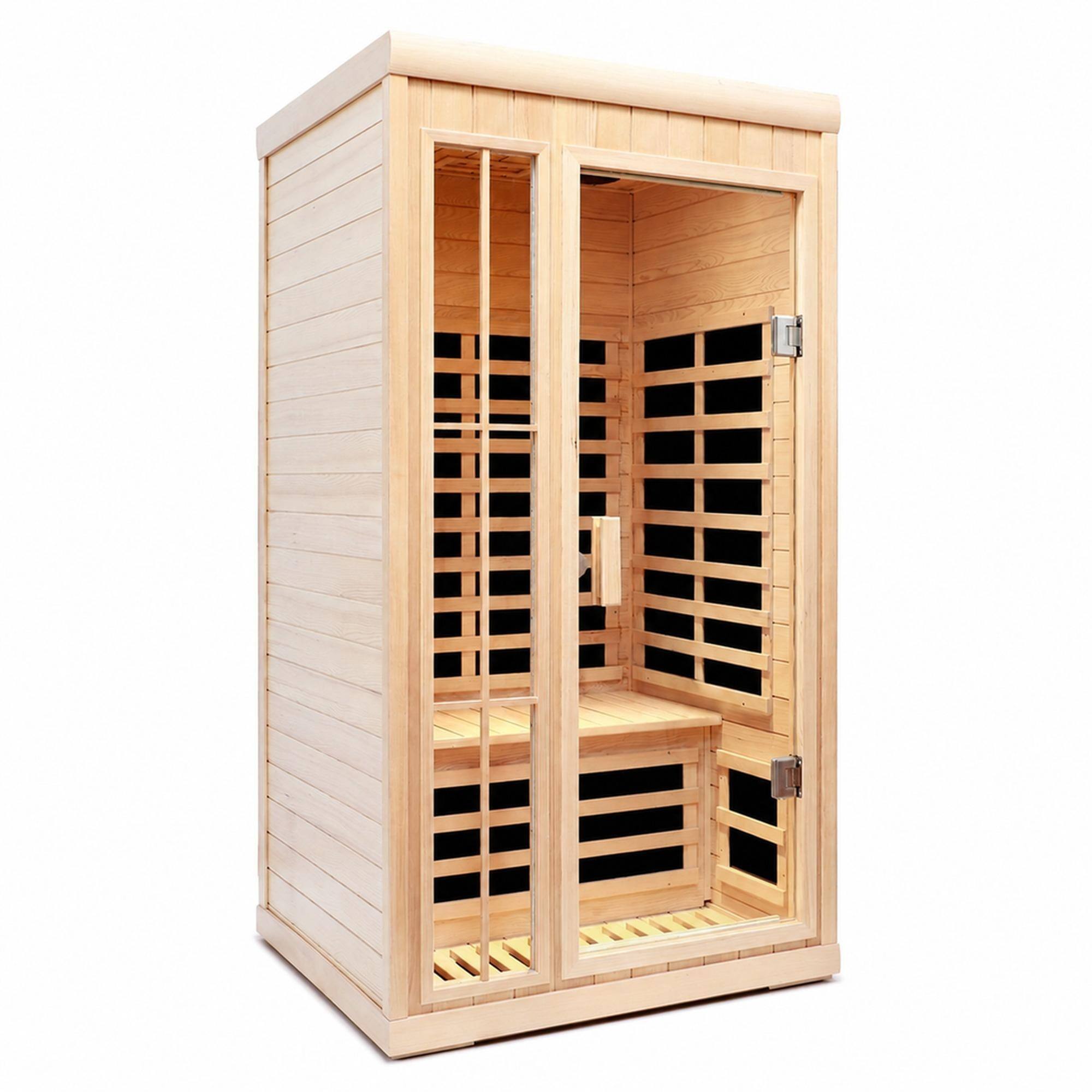 Front. RYHNUYNE - Far Infrared Hemlock Sauna Room, 1 Person, 7 Heating Panels, 1350W, LED Lights, Bluetooth, APP Control - Natural.
