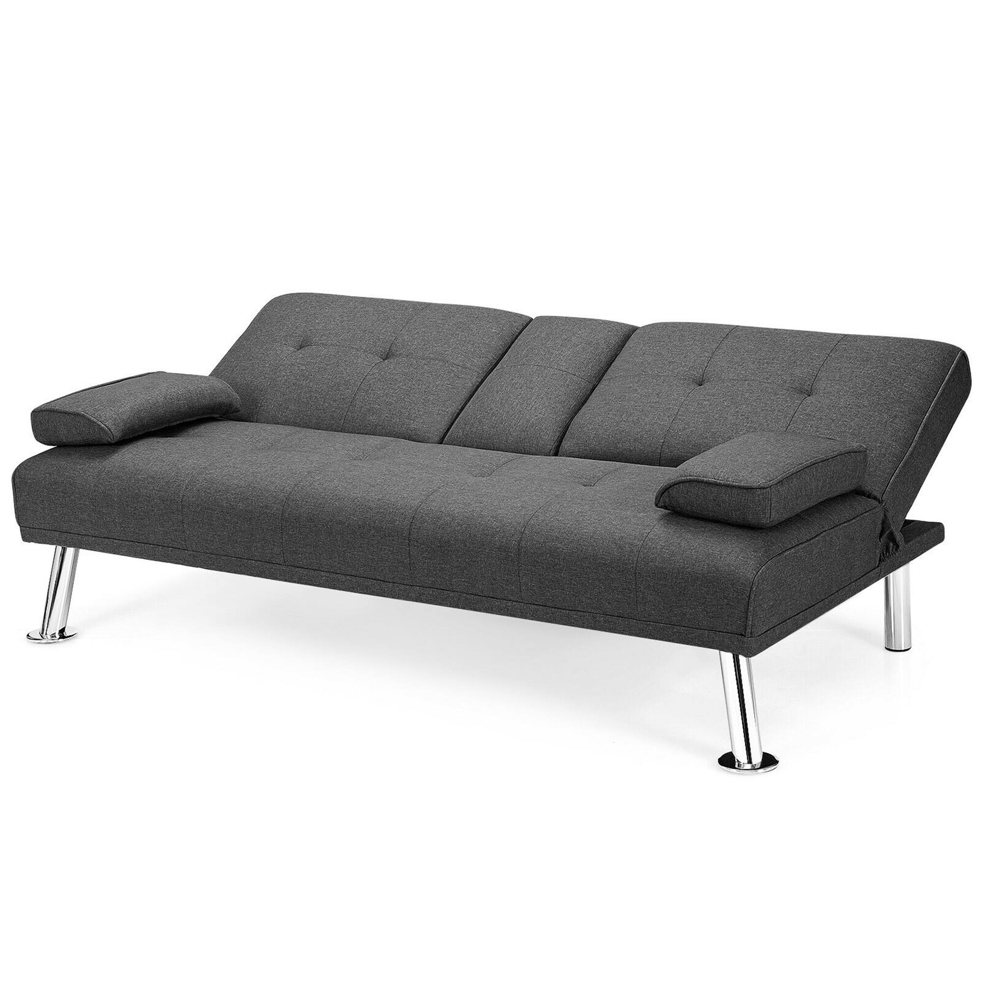 Alt View 4. Gymax - Gymax Convertible Folding Futon Sofa Bed Fabric w/2 Cup Holders Dark Gray - Dark Gray.