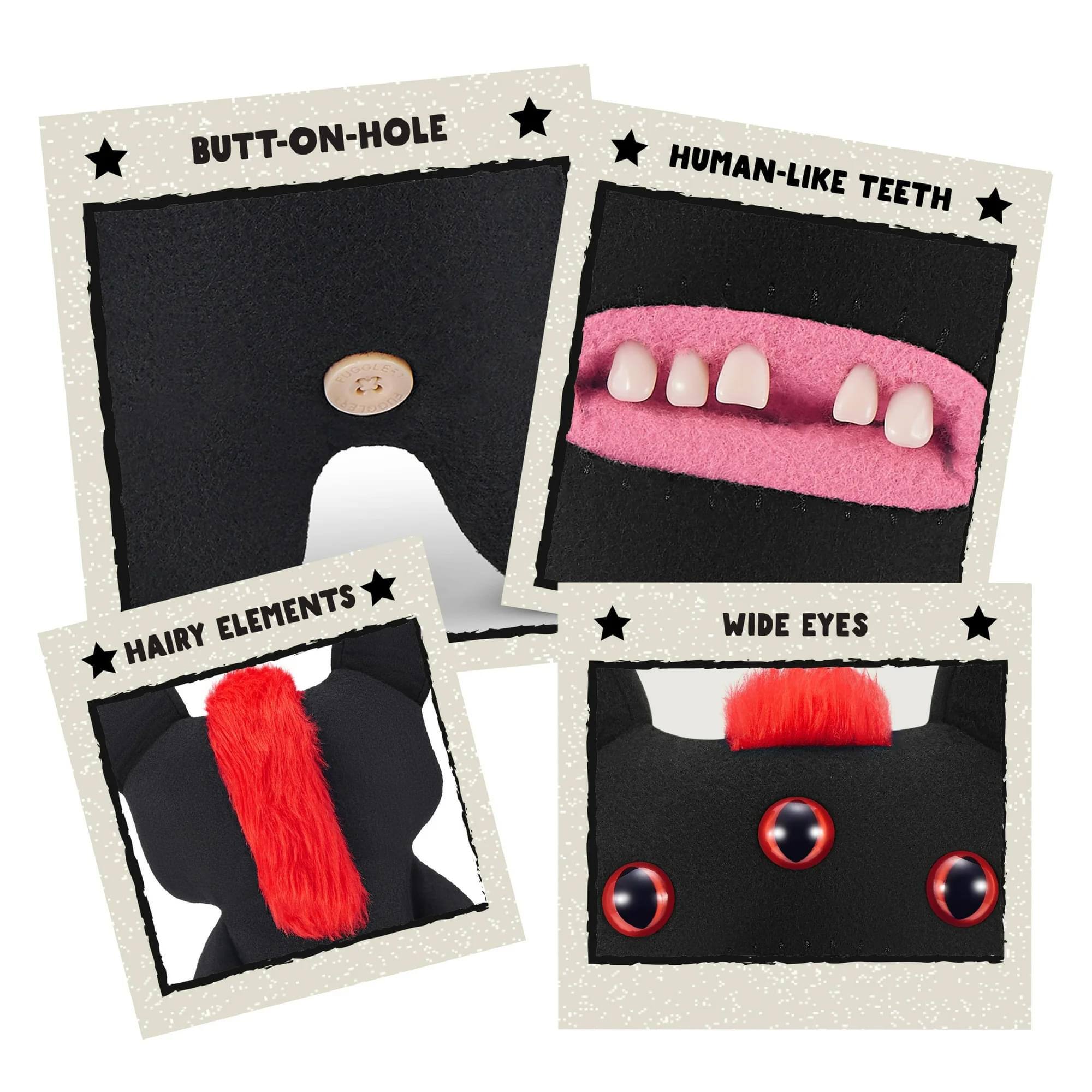 - Butt-on-hole
- Human-like teeth
- Hairy elements
- Wide eyes