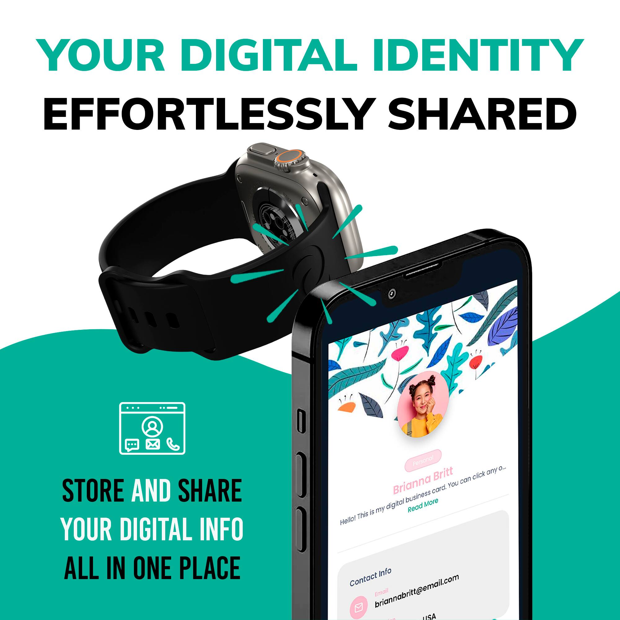 YOUR DIGITAL IDENTITY  
EFFORTLESSLY SHARED  

STORE AND SHARE  
YOUR DIGITAL INFO  
ALL IN ONE PLACE  

Personal  
Brianna Britt  
Hello! This is my digital business card. You can click any o...  
Read More  

Contact Info  
Email: briannabritt@email.com  
USA