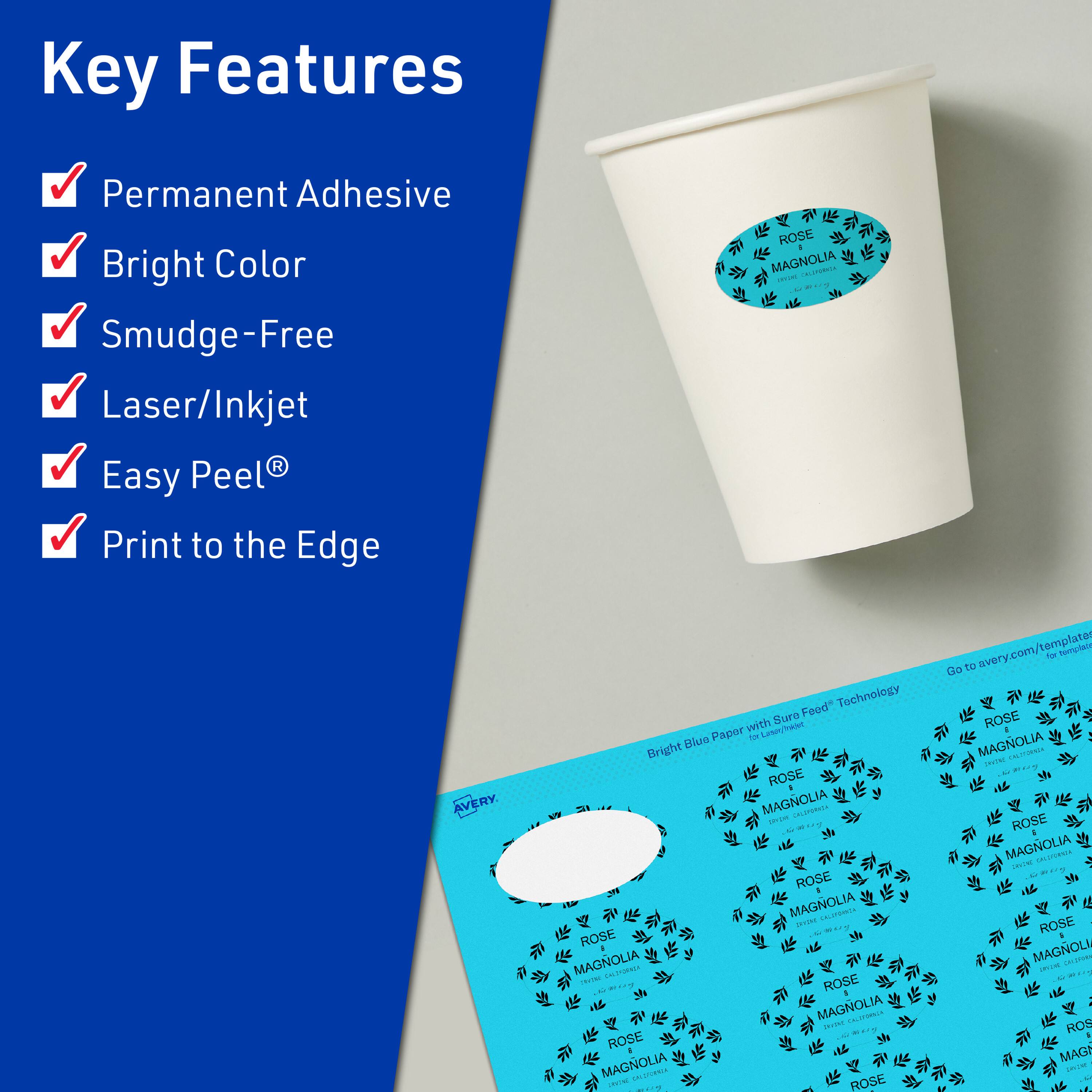 Key Features  
- Permanent Adhesive  
- Bright Color  
- Smudge-Free  
- Laser/Inkjet  
- Easy Peel®  
- Print to the Edge  

ROSE MAGNOLIA  
Bright Blue Paper with Sure Feed® Technology  

AVERY  
Food Technology  

Go to avery.com/templates for templates