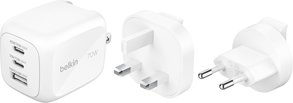 Belkin - Boost Charge Pro 3-Port GaN Wall Charger 70W + Interchangeable Plug Tipe- Color:White