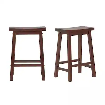 Front. SlickBlue - Rustic Counter Height Saddle Barstools – Set of 2 Wood Farmhouse Style - Walnut.