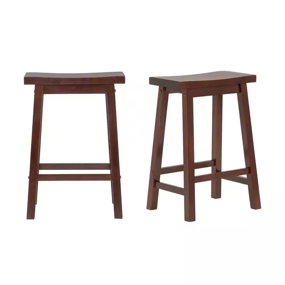 Front. SlickBlue - Rustic Counter Height Saddle Barstools – Set of 2 Wood Farmhouse Style - Walnut.